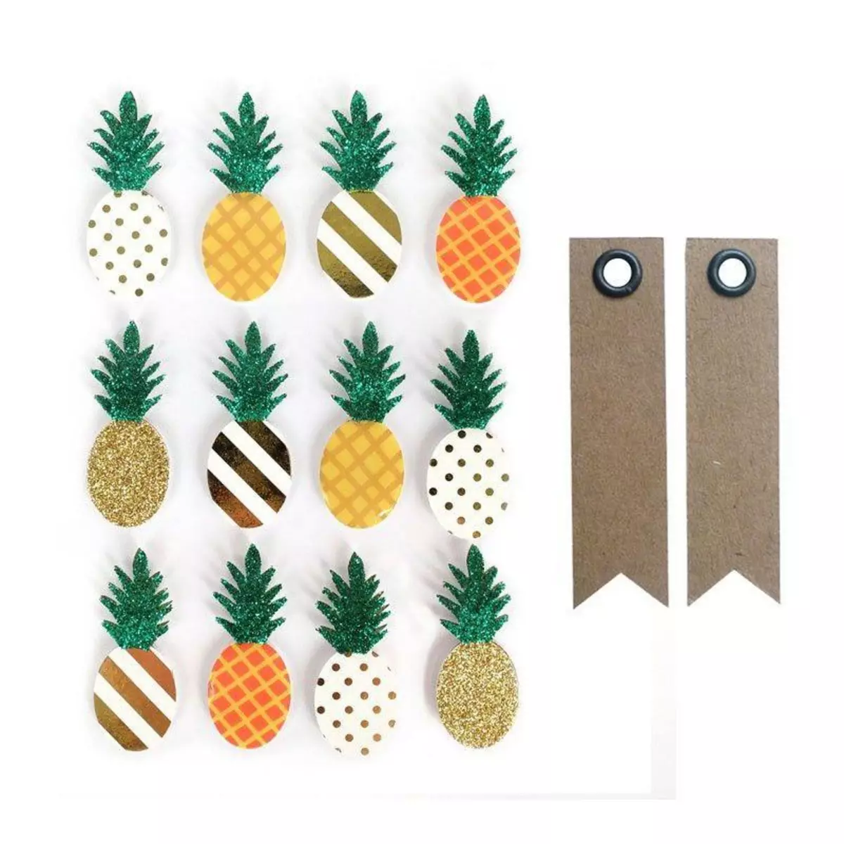 Graine créative 12 stickers 3D Ananas 4,5 cm + 20 étiquettes kraft Fanion