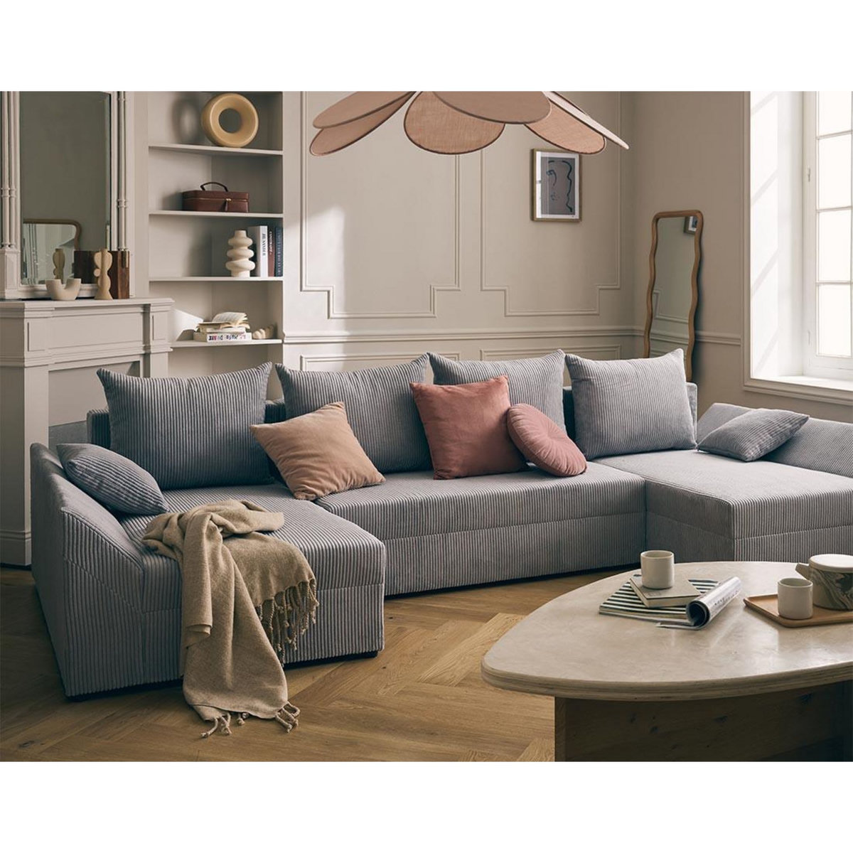 BEST MOBILIER Mike - canapé panoramique en u - 7 places - convertible avec coffre - en velours côtelé