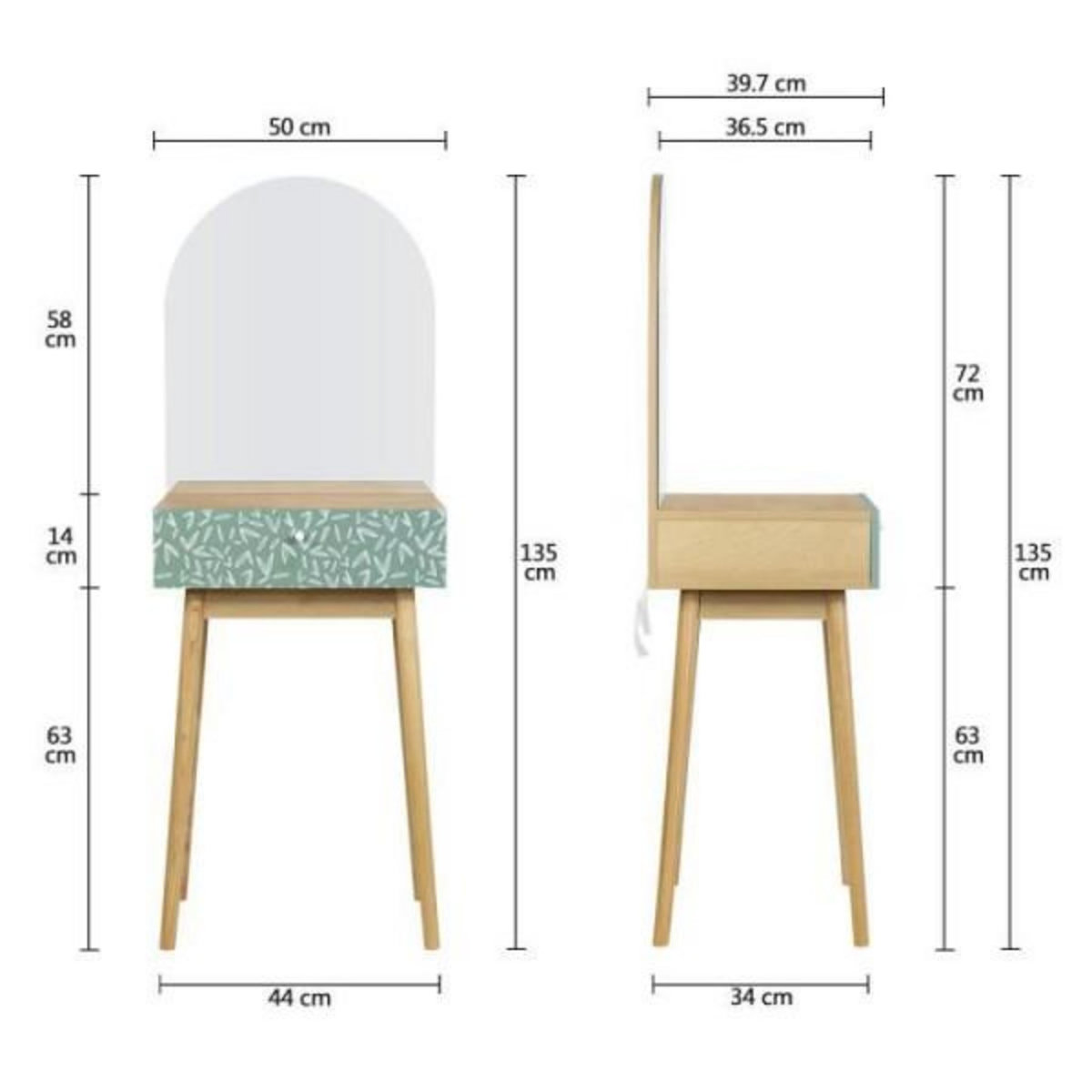 MARKET24 Coiffeuse 1 tiroir 1 miroir - Décor chene et vert - Pieds en bois massif - L 50 x P 40 x H 135 cm - GARDENIA