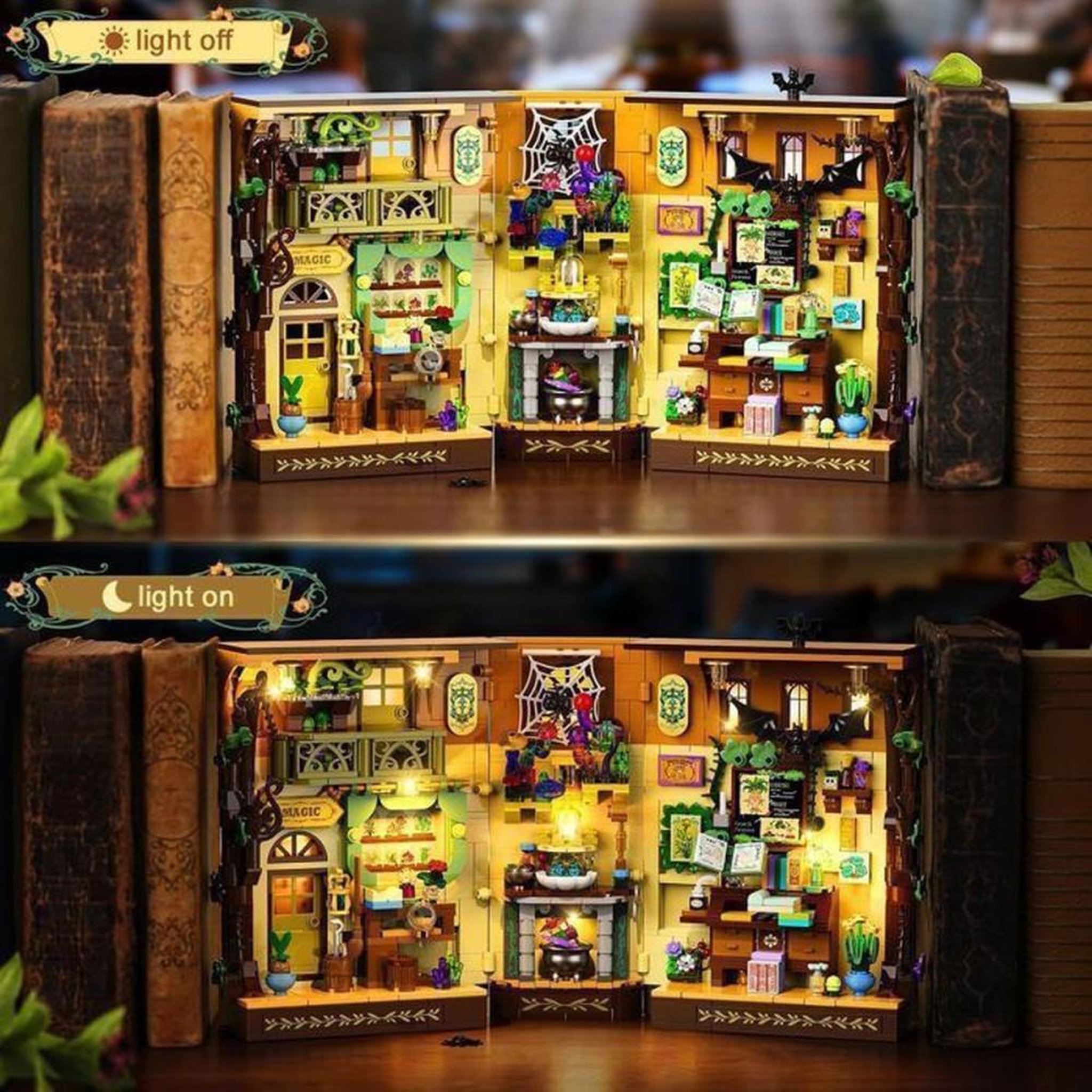 Voir la diapositive 3 : Coffret de construction LED Book Nook magie aux herbes, 930 pièces ABS, maquette bibliothèque