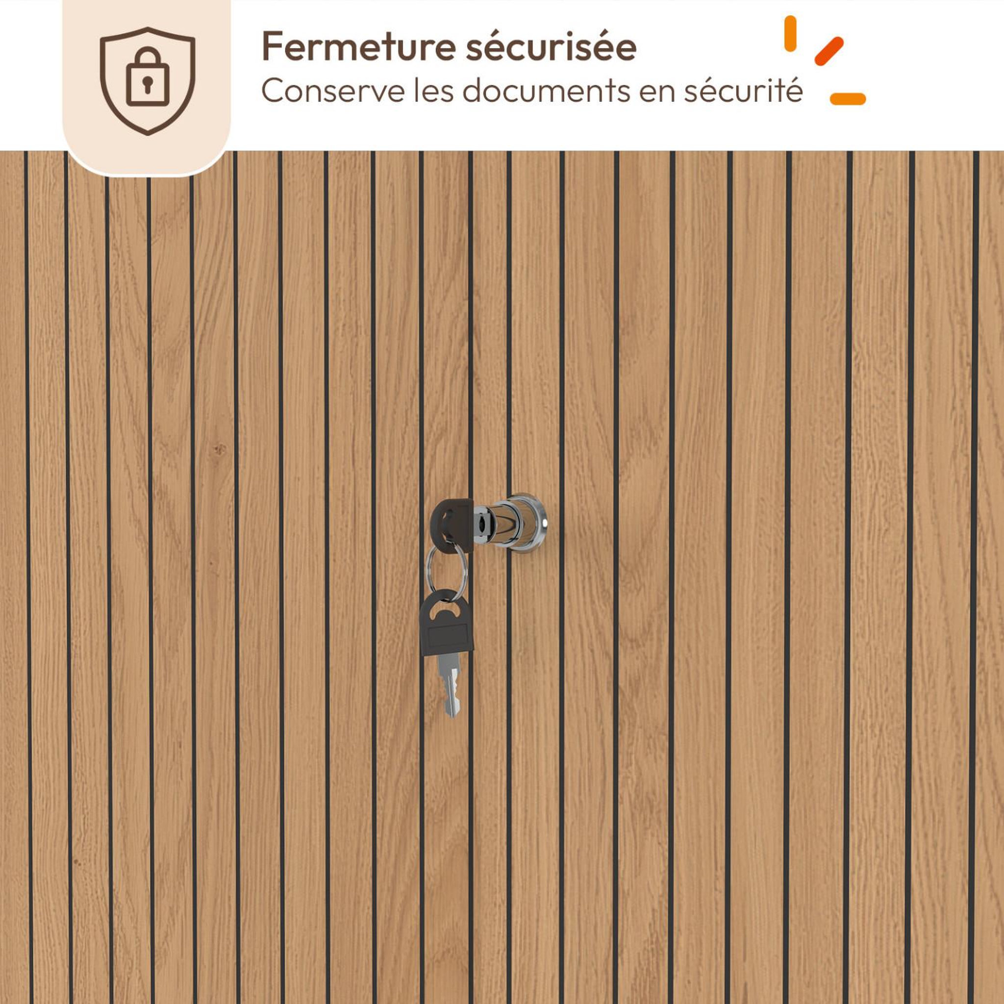 Voir la diapositive 6 : ID MARKET Armoire basse de bureau 2 portes coulissantes verrouillables JULIETTE effet lattes tasseau bois