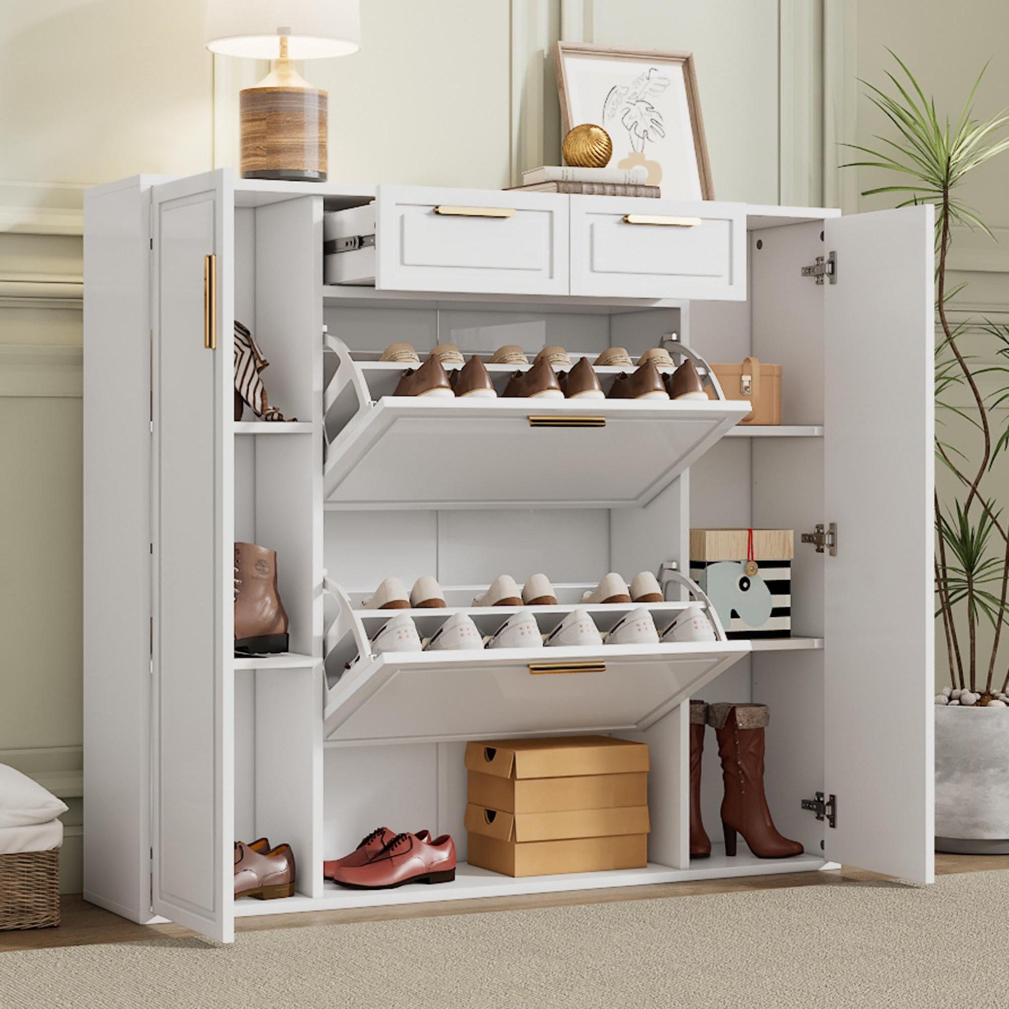 Voir la diapositive 2 : MERAX Meuble à chaussures 15 paires 2 étagères coloris blanc mdf et panneaux de particules