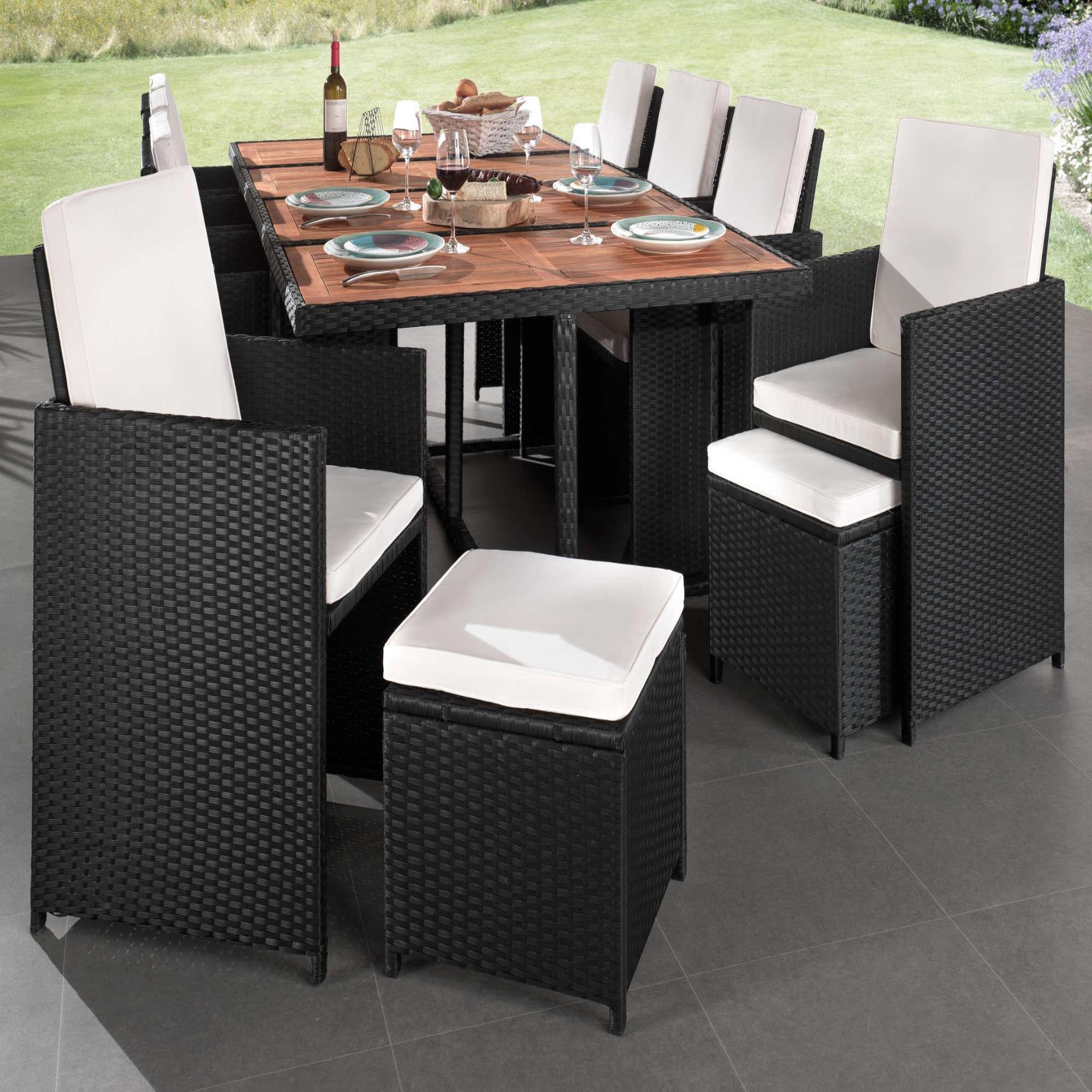 Voir la diapositive 2 : BEST MOBILIER Cuba - salon de jardin encastrable 12 places - en résine tressée - noir avec coussins beiges + housse de protection