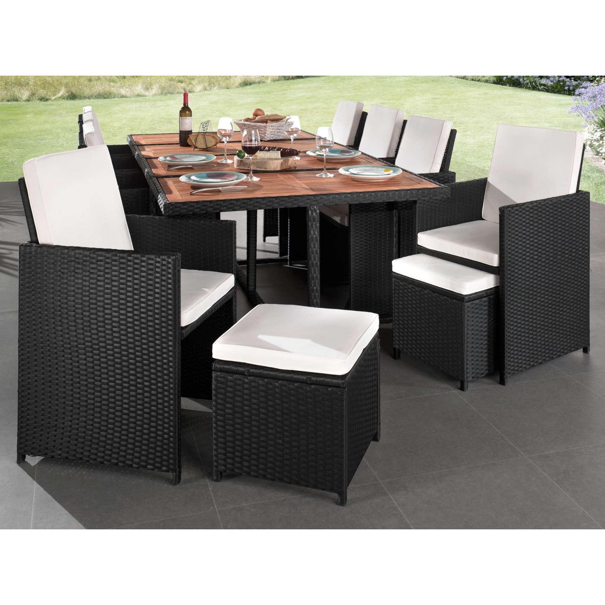 BEST MOBILIER Cuba - salon de jardin encastrable 12 places - en résine tressée - noir avec coussins beiges + housse de protection