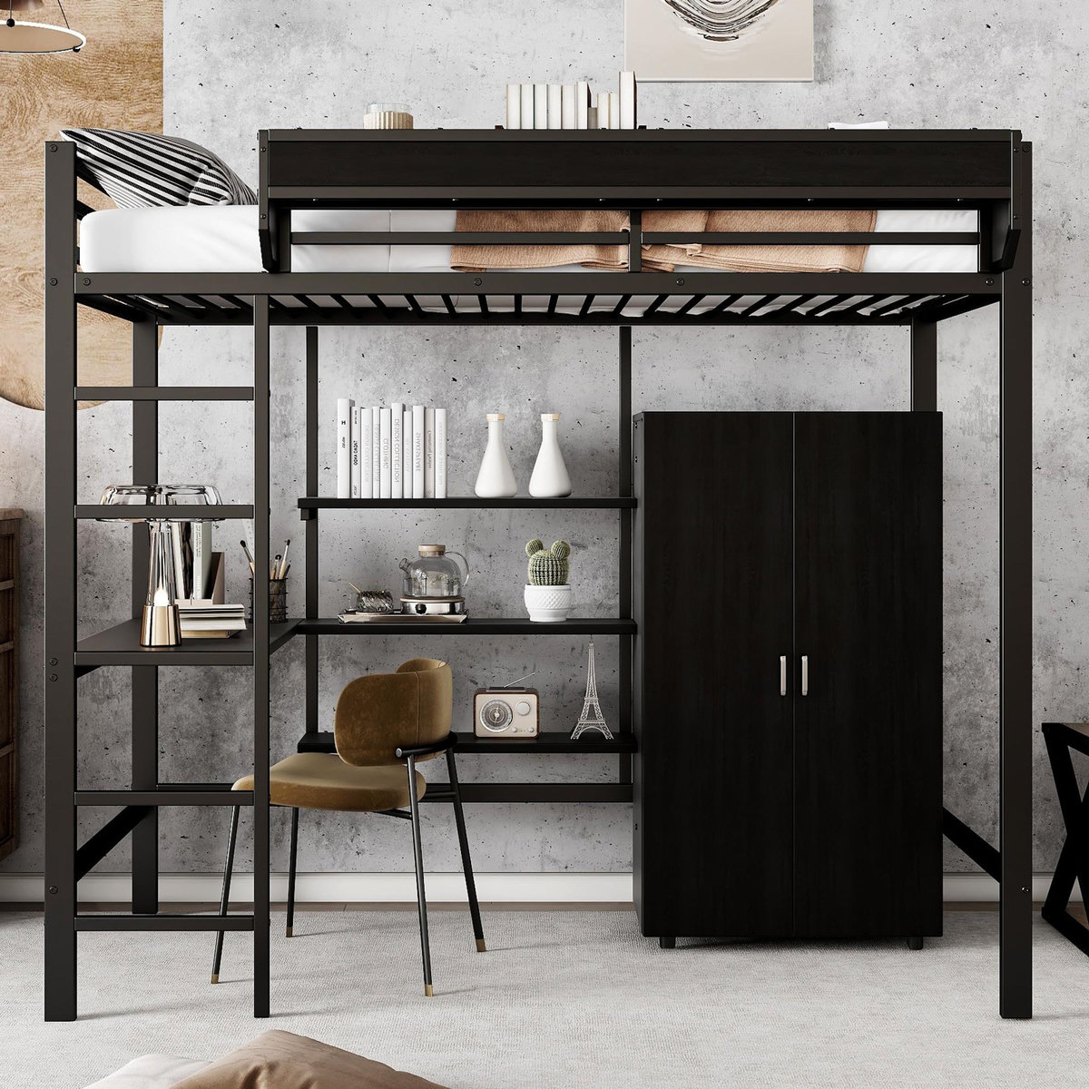 MERAX Lit mezzanine 90x200cm métal et bois coloris noir