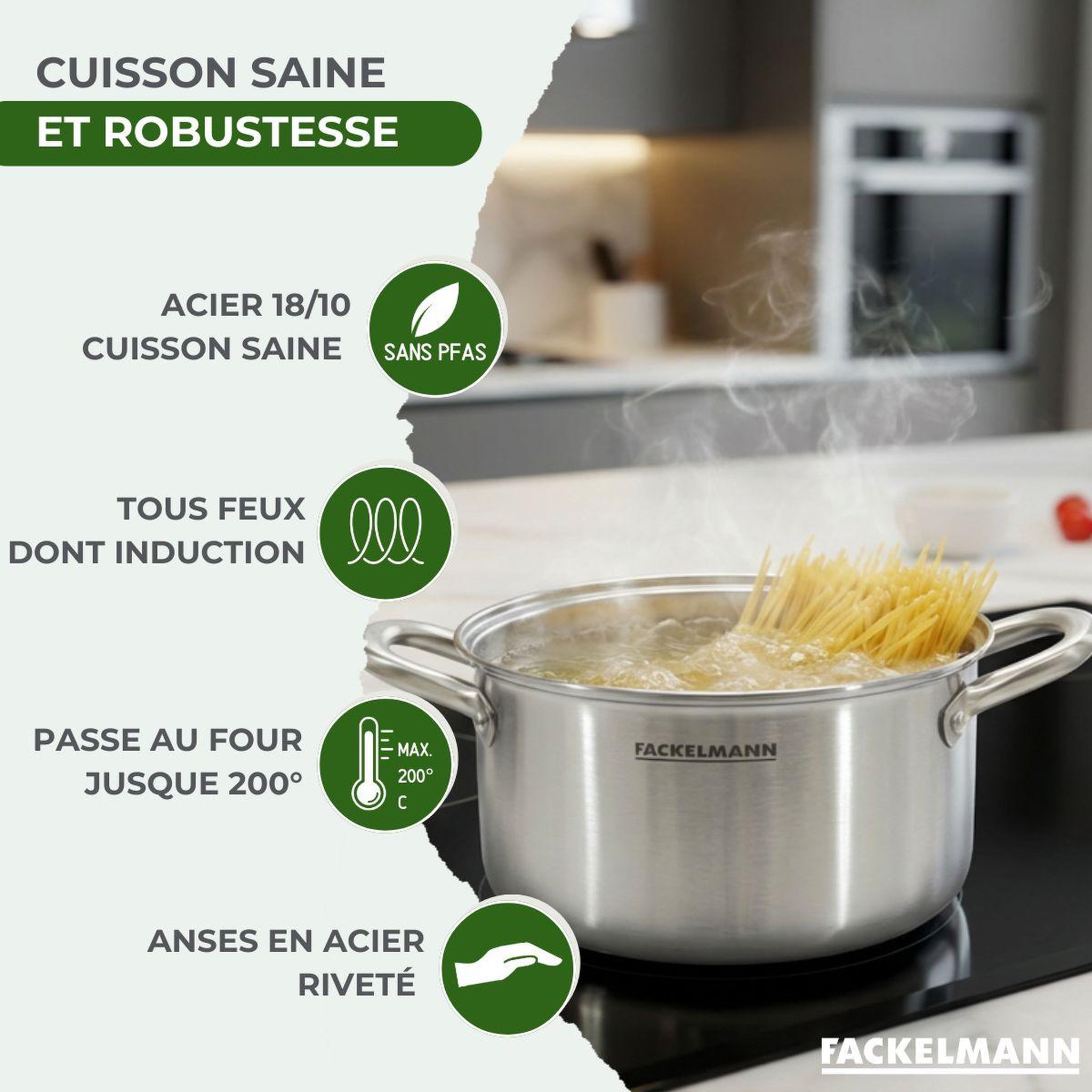 Voir la diapositive 3 : Fackelmann Batterie de cuisine avec 2 faitouts 20/24 cm en inox sans pfas fackelmann vita3