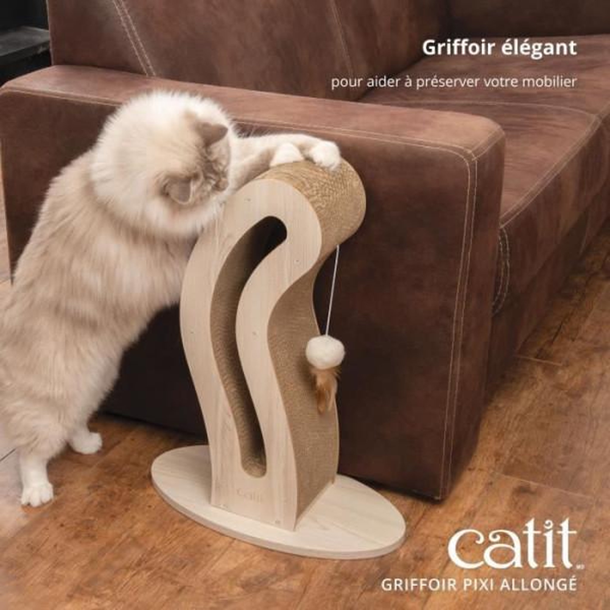 Voir la diapositive 2 : MARKET24 Griffoir pour chat - CATIT - Pixi Queue de chat - Avec balle en tissu et plume - Aspect chene naturel
