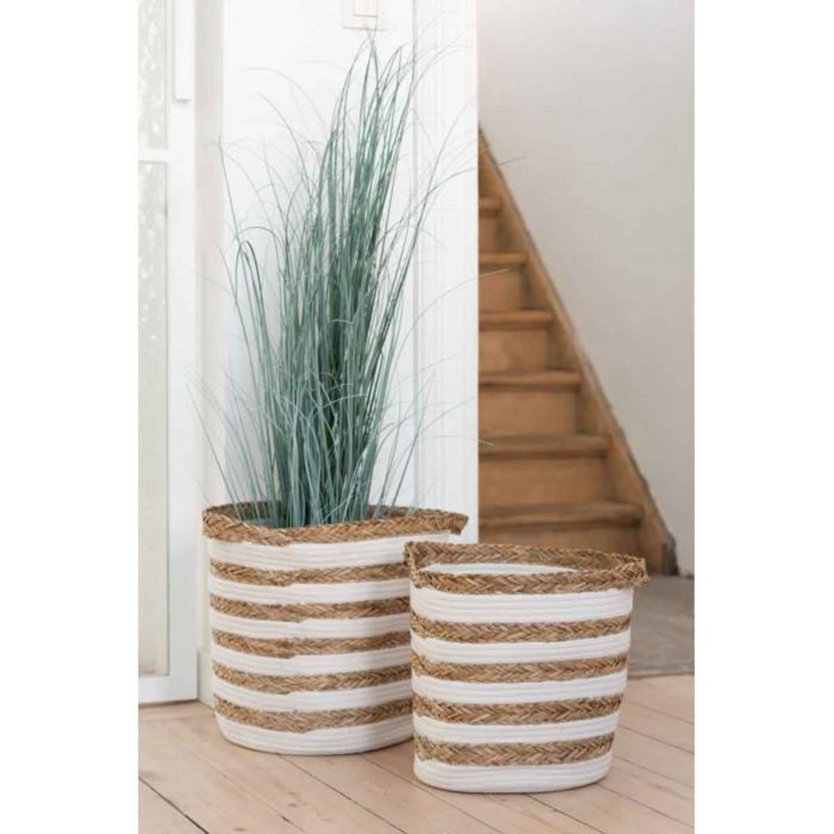 Paris Prix Lot de 2 Paniers Déco  Rayés  38cm Naturel & Blanc