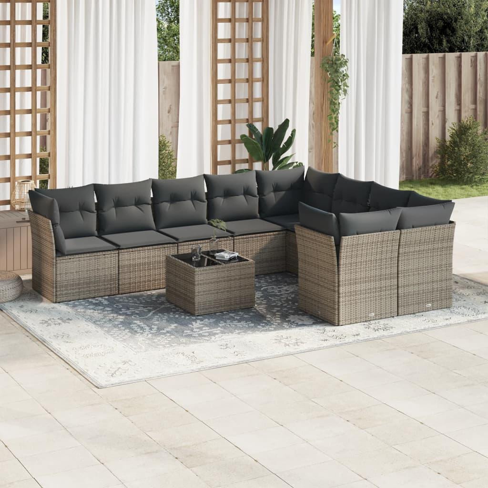 VIDAXL Salon de jardin avec coussins 10 pcs gris resine tressee