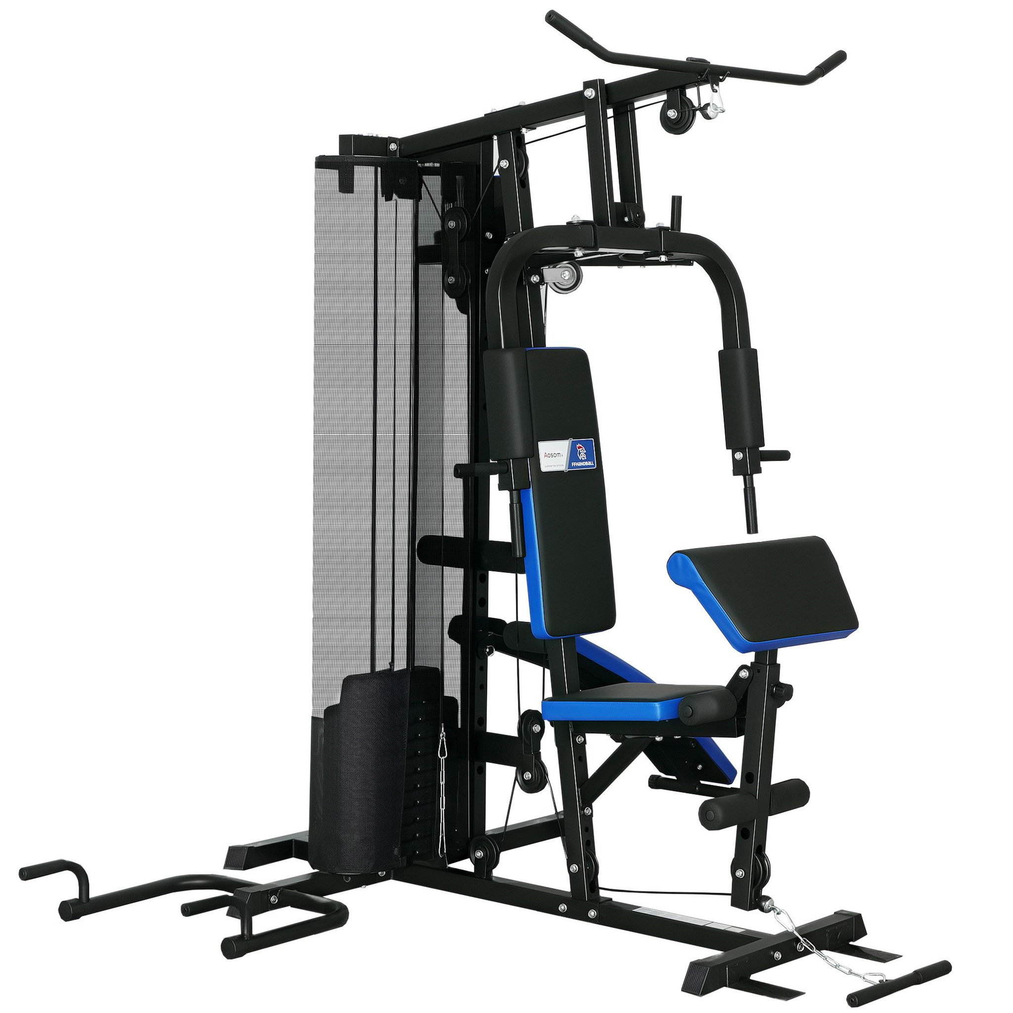 Voir la diapositive 5 : HOMCOM Station de musculation multi-équipement - collaboration aosom.fr x ffhandball - 10 contrepoids - bleu