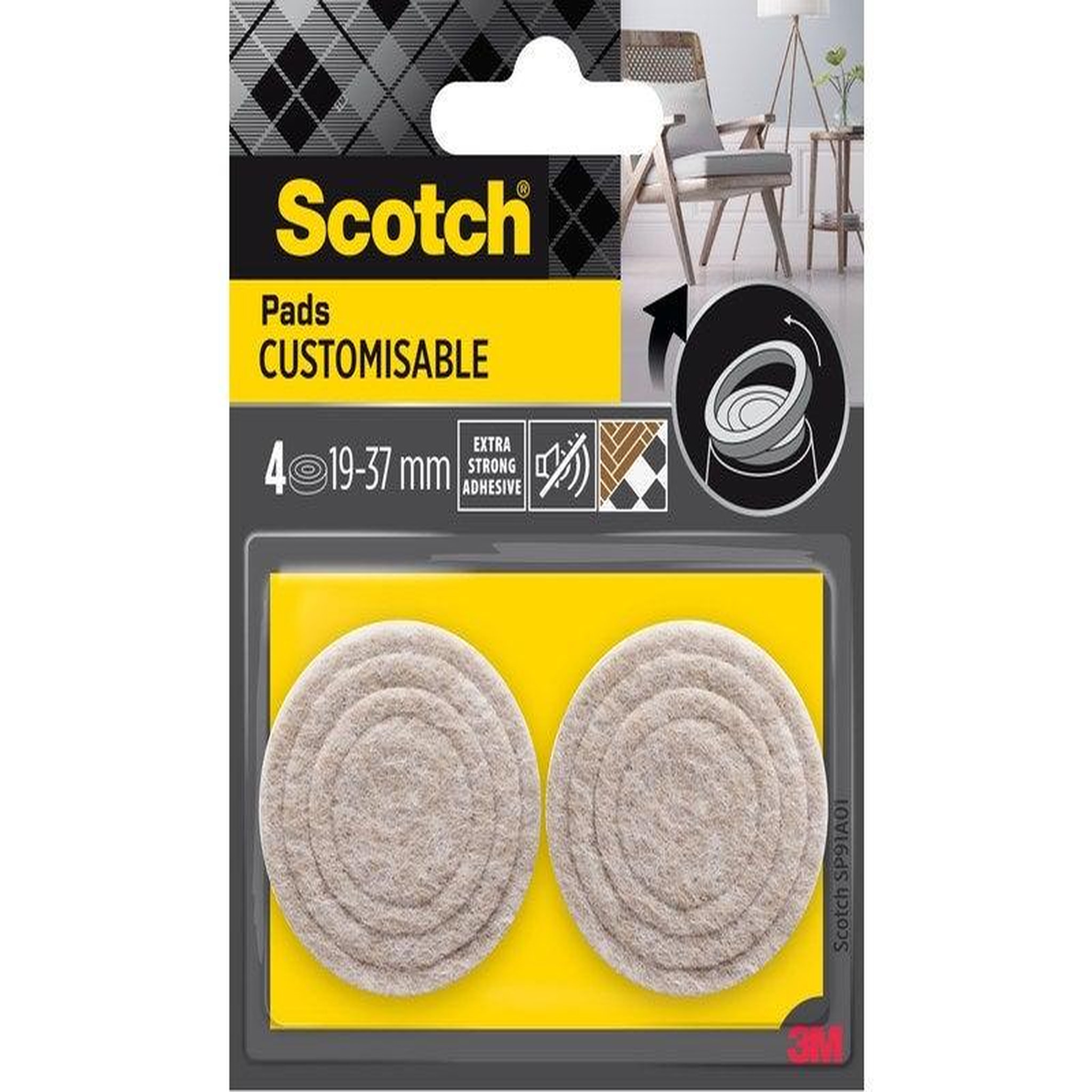CENTRALE BRICO Lot de 4 patins feutre customisable prédécoupés, SCOTCH, 37 31 25 et 19 mm, beige