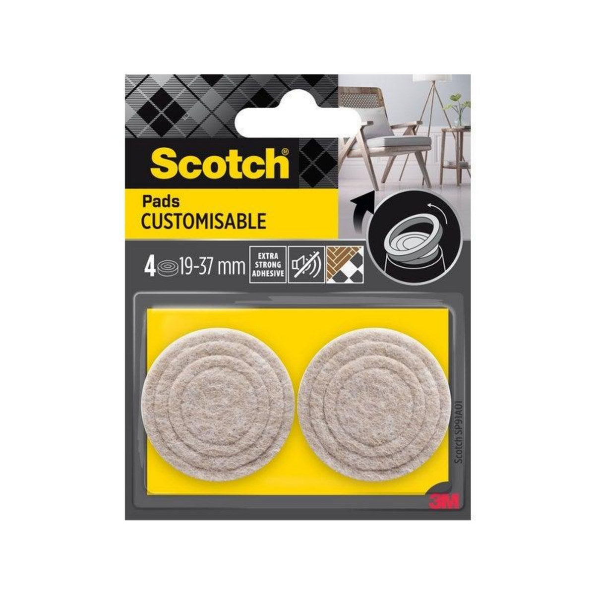 CENTRALE BRICO Lot de 4 patins feutre customisable prédécoupés, SCOTCH, 37 31 25 et 19 mm, beige