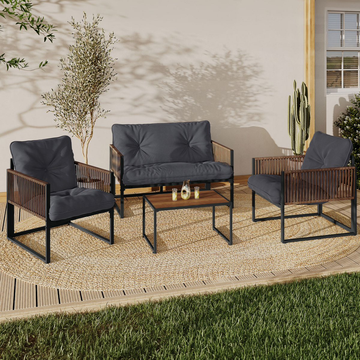 ID MARKET Salon de jardin bas RIO 4 places structure métal gris anthracite, cordage rotin et coussins gris