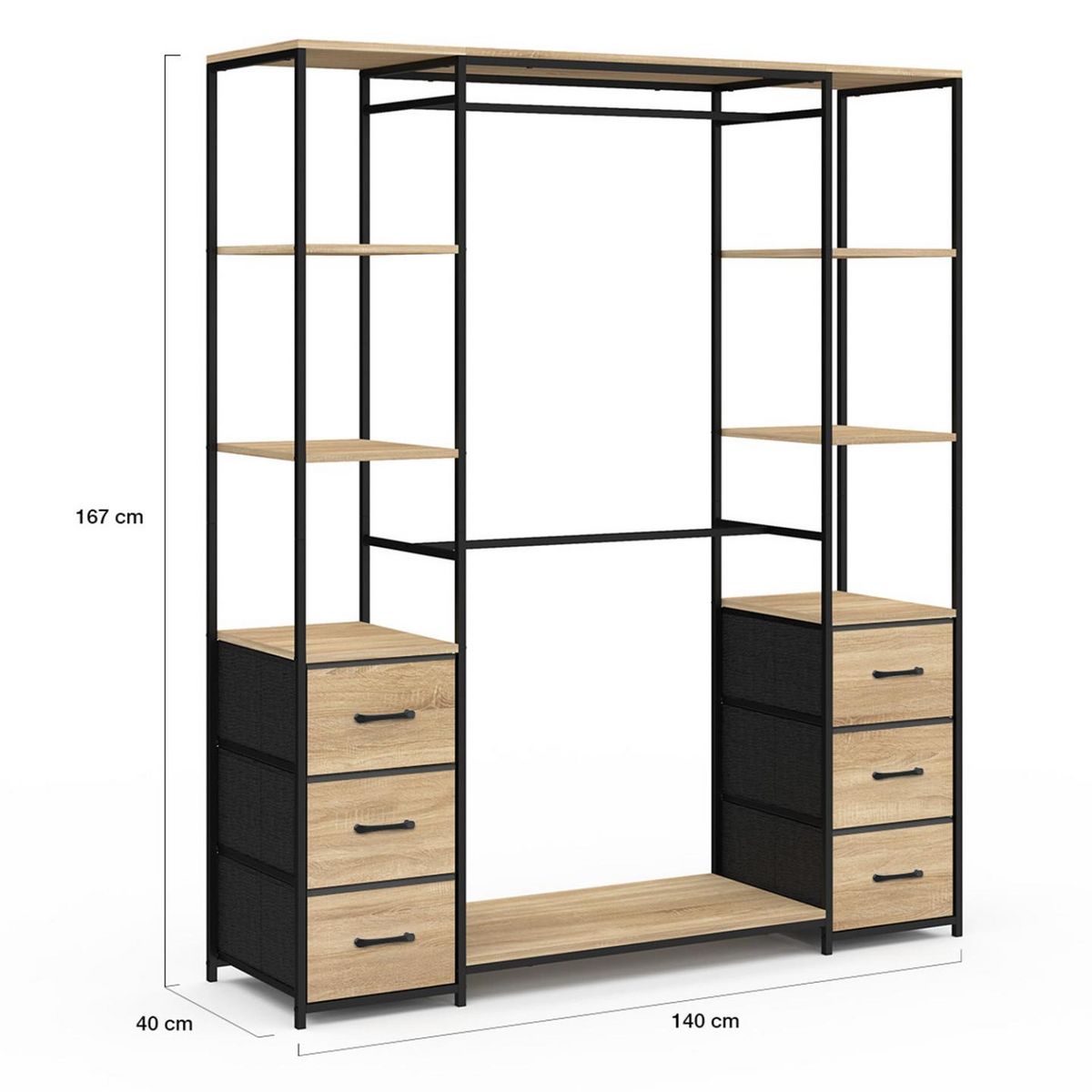 ID MARKET Dressing double penderie + double colonne L. 140 cm UTAH avec 6 étagères et 6 bacs en tissu bois et noir