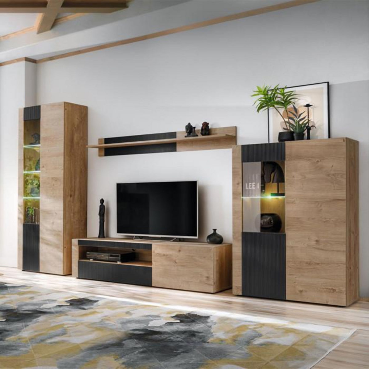 Paris Prix Ensemble Meuble TV Rainuré  Aron  320cm Naturel & Noir