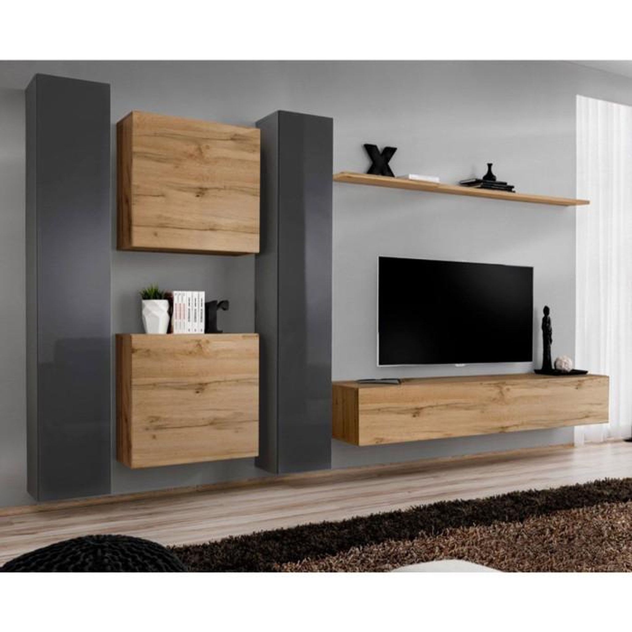 Voir la diapositive 1 : Paris Prix Meuble TV Mural Design  Switch VI  330cm Gris & Naturel