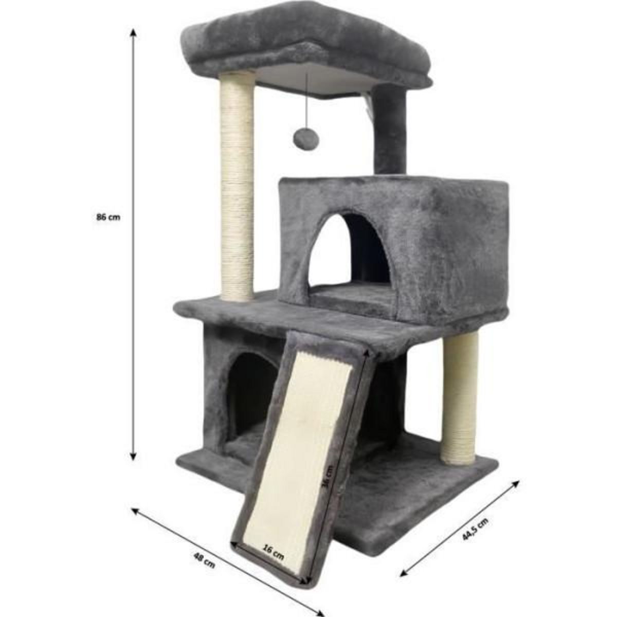 MARKET24 FLOPI Arbre a chat gris foncé- 44,5 x 48 x 86 cm - Gris foncé - 1 plateforme, 1 balle de jeu, 2 niches, 1 rampe