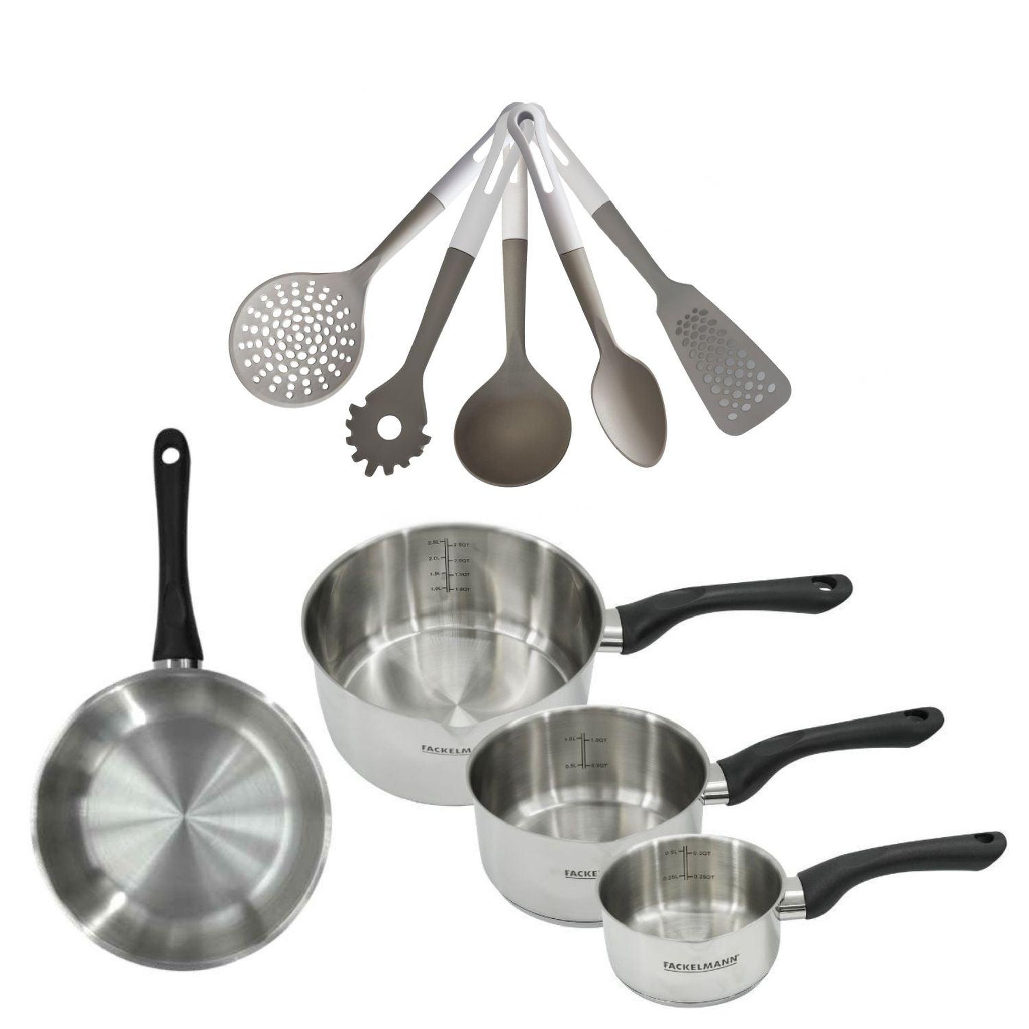 Fackelmann Batterie de cuisine avec 3 casseroles 12/16/20 cm et 1 poêle 20 cm avec 5 ustensiles de cuisine fackelmann généva vario