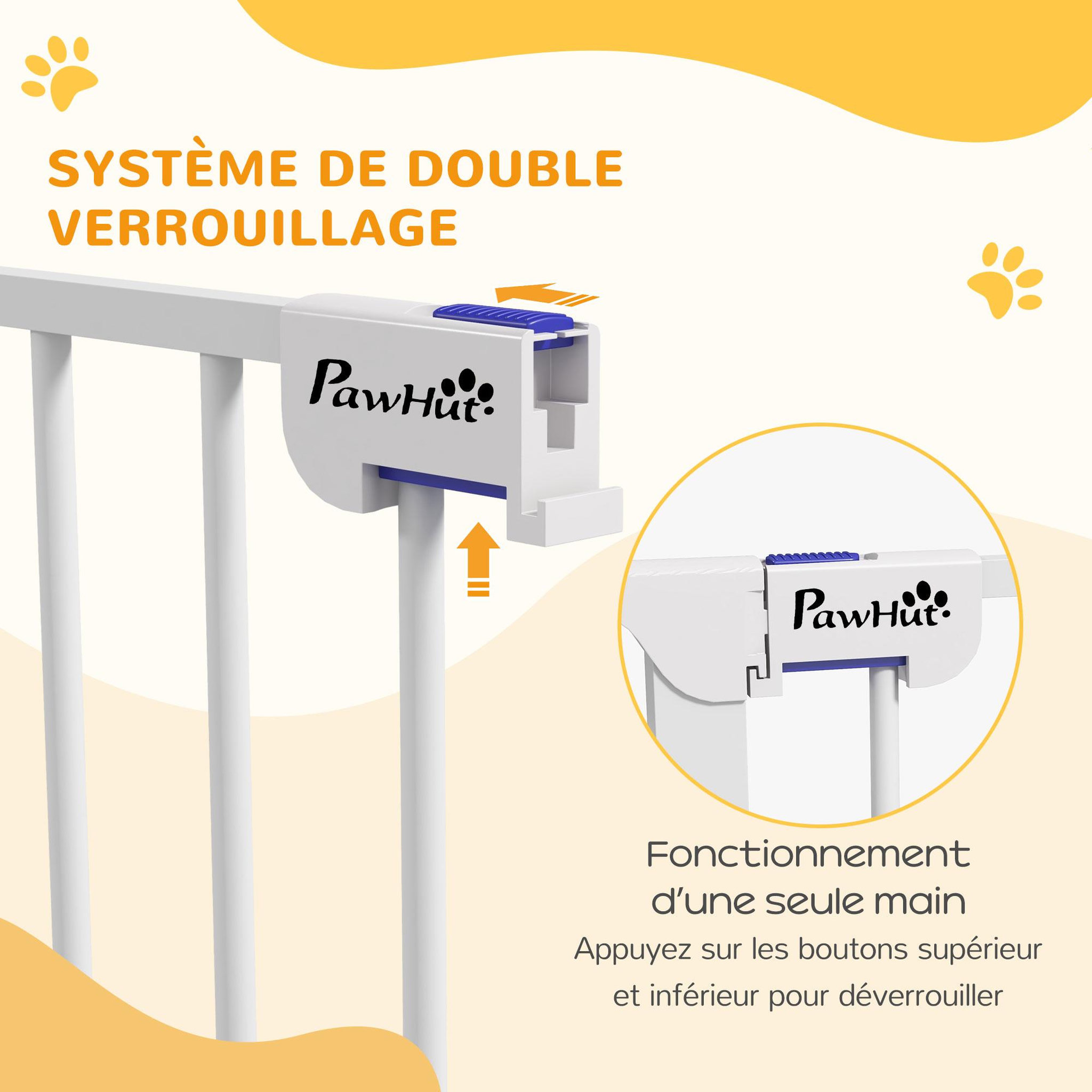 Voir la diapositive 6 : PAWHUT Barrière de sécurité pliable pour chien - 3 panneaux, porte verrouillable - dim. 206L x 90H cm - acier PP blanc