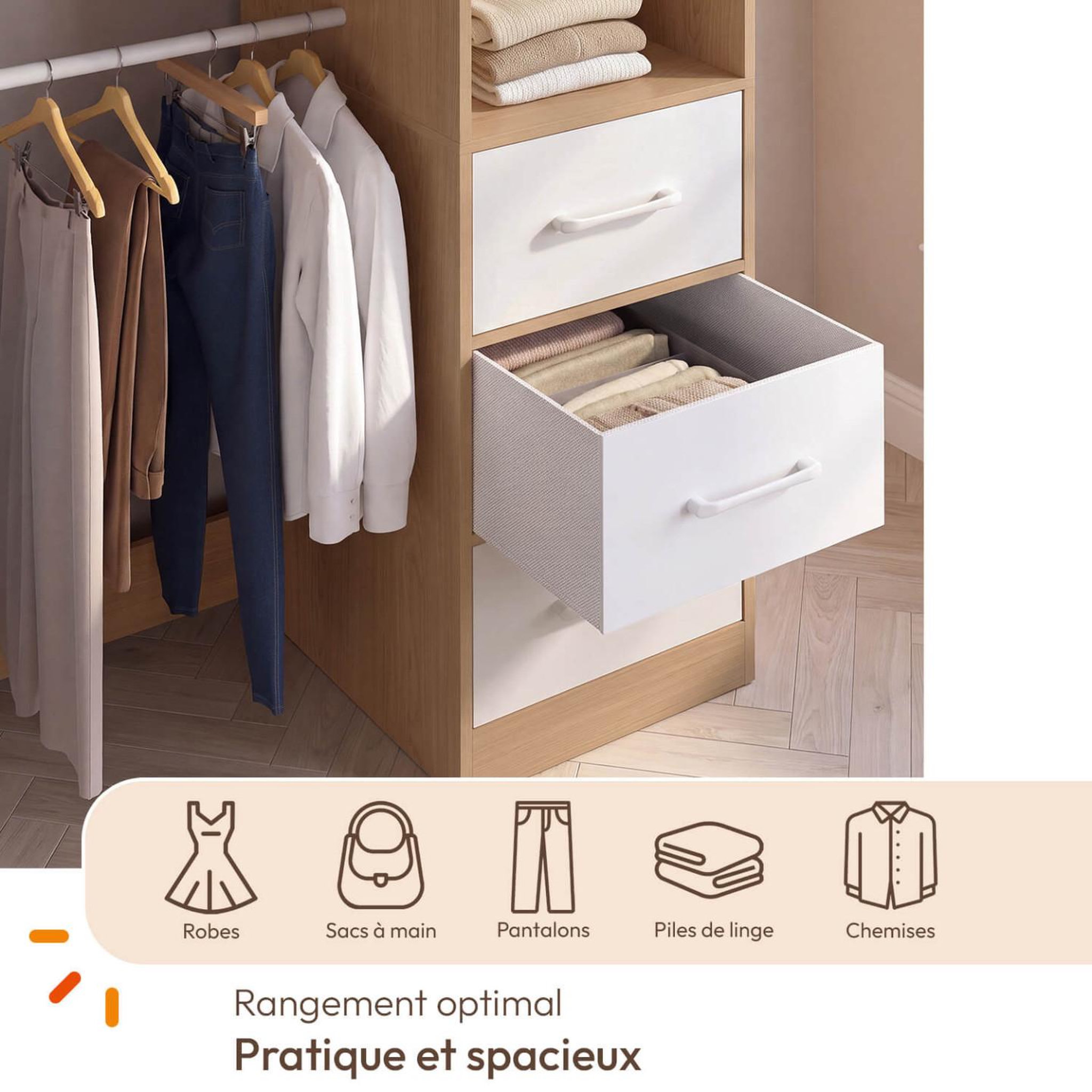 Voir la diapositive 5 : ID MARKET Dressing double penderie + double colonne l. 140 cm uppah avec 6 étagères et 6 bacs en tissu bois et blanc