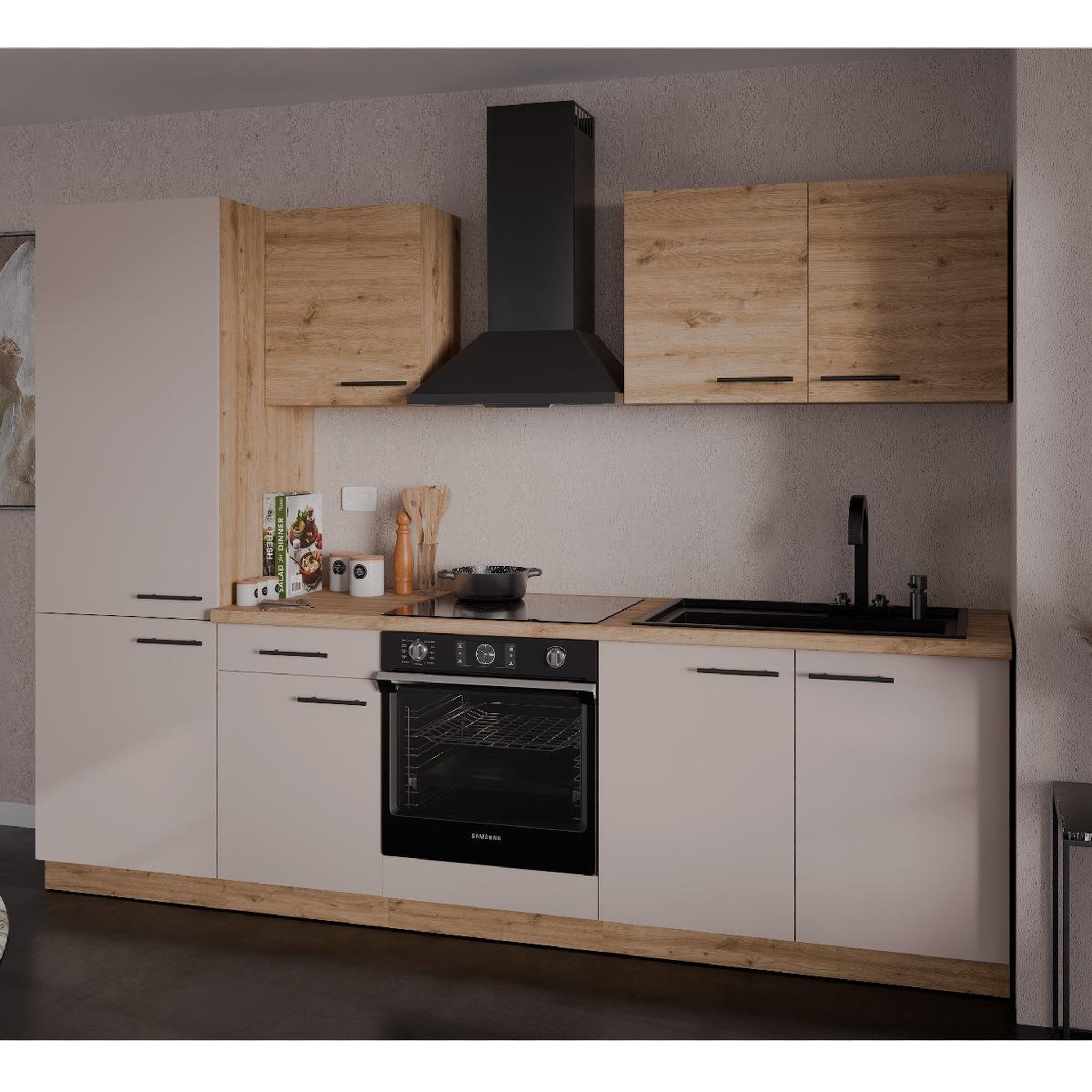Voir la diapositive 2 : JLC KREATION Cuisine complète moderne beige et bois 270cm nala