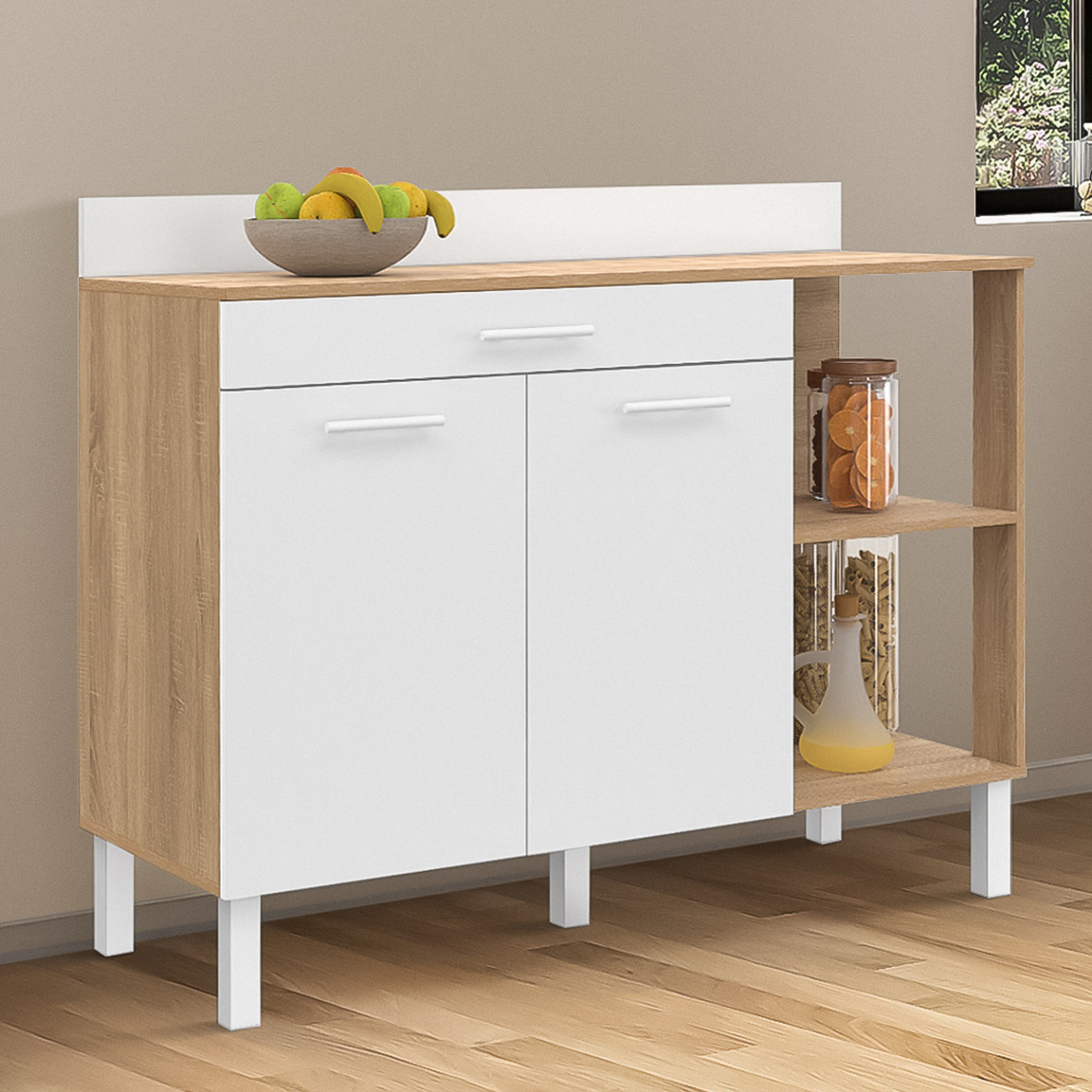 Voir la diapositive 2 : ID MARKET Buffet bas de cuisine 120 cm cina plan de travail h.83 cm 2 portes + tiroir façon hêtre et blanc
