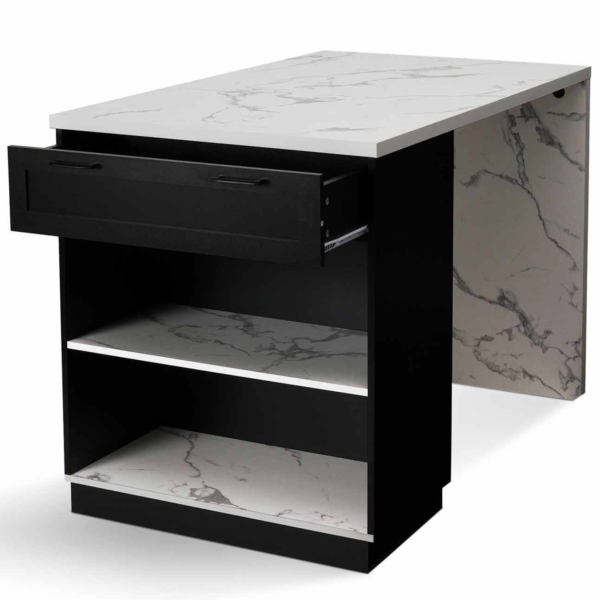 Voir la diapositive 4 : ID MARKET Ilot central mange debout 4 personnes vito 130 cm noir et plateau effet marbre alaska