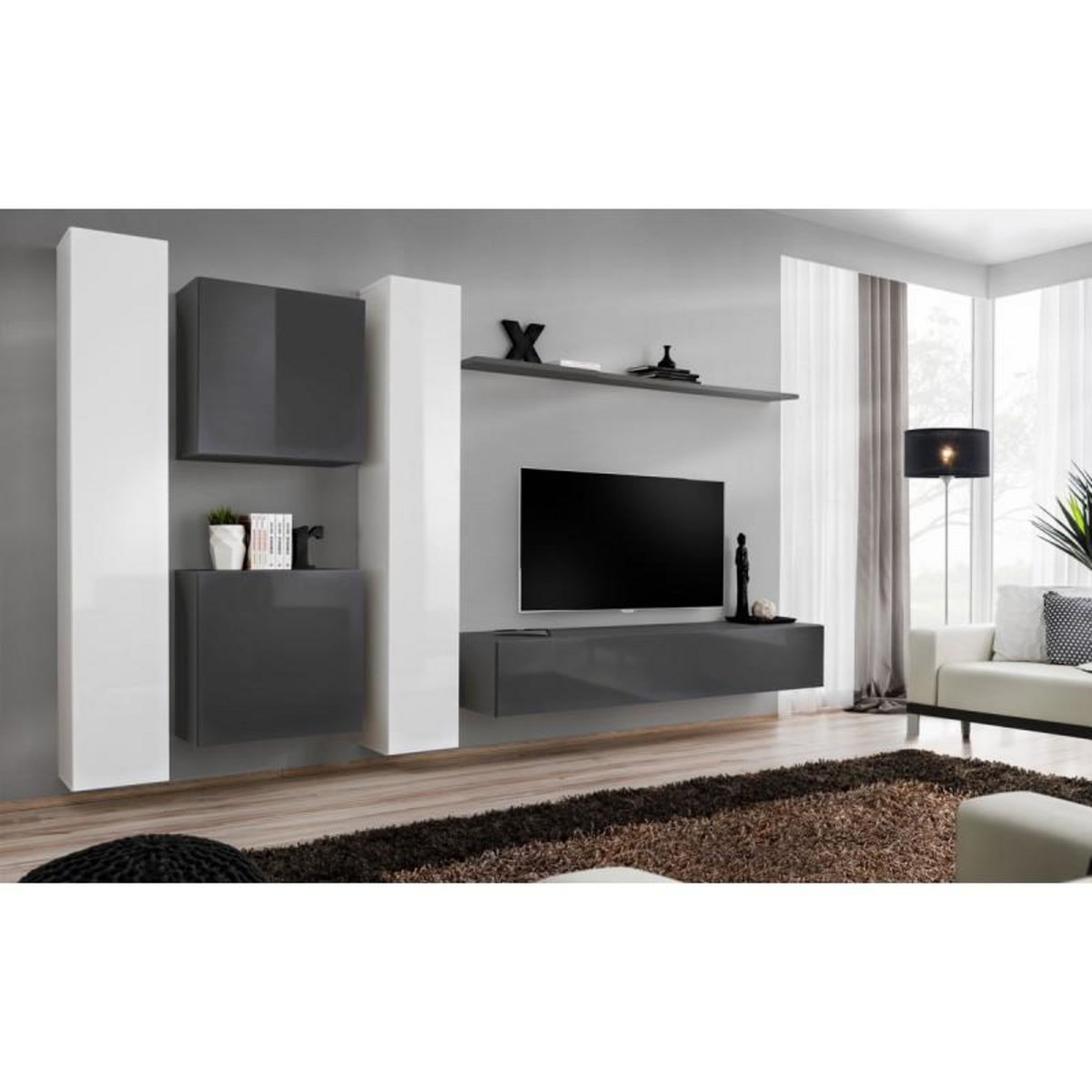 Paris Prix Meuble TV Mural Design  Switch VI  330cm Gris & Blanc
