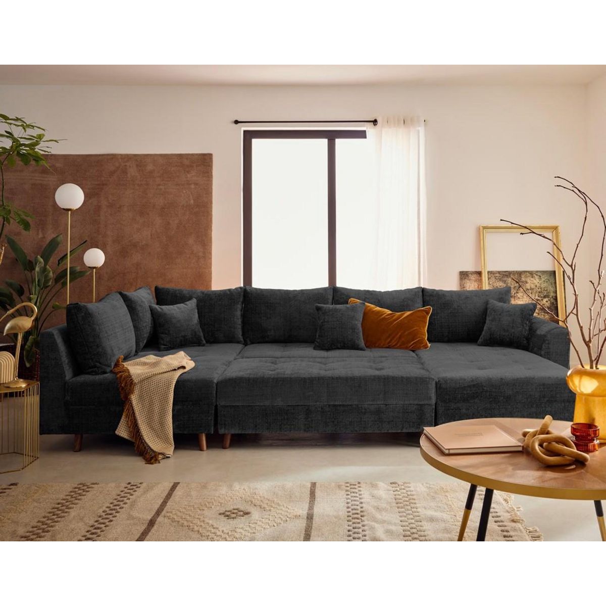 LISA DESIGN Rune - canapé panoramique d'angle gauche 7 places en velours texturé
