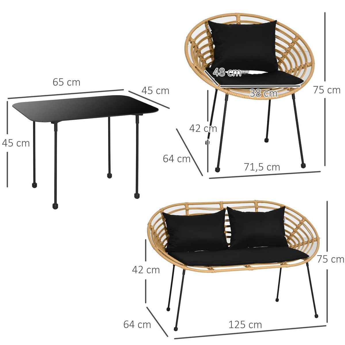 OUTSUNNY Salon de jardin 4 places 4 pièces style exotique table basse coussins noirs fournis résine tressée aspect rotin