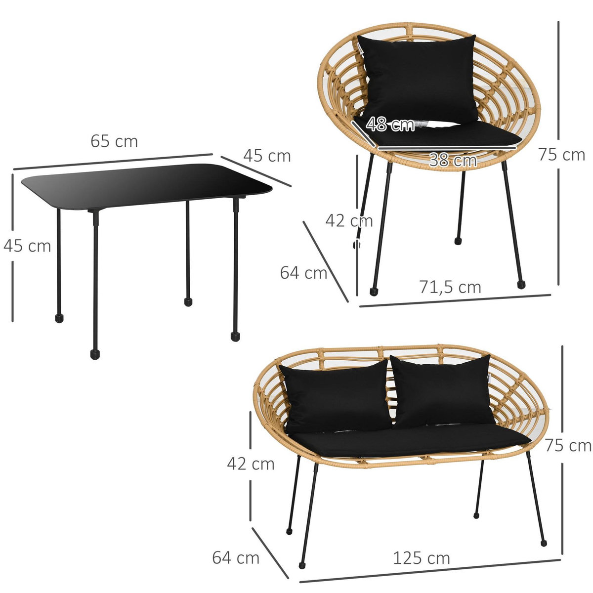 OUTSUNNY Salon de jardin 4 places 4 pièces style exotique table basse coussins noirs fournis résine tressée aspect rotin