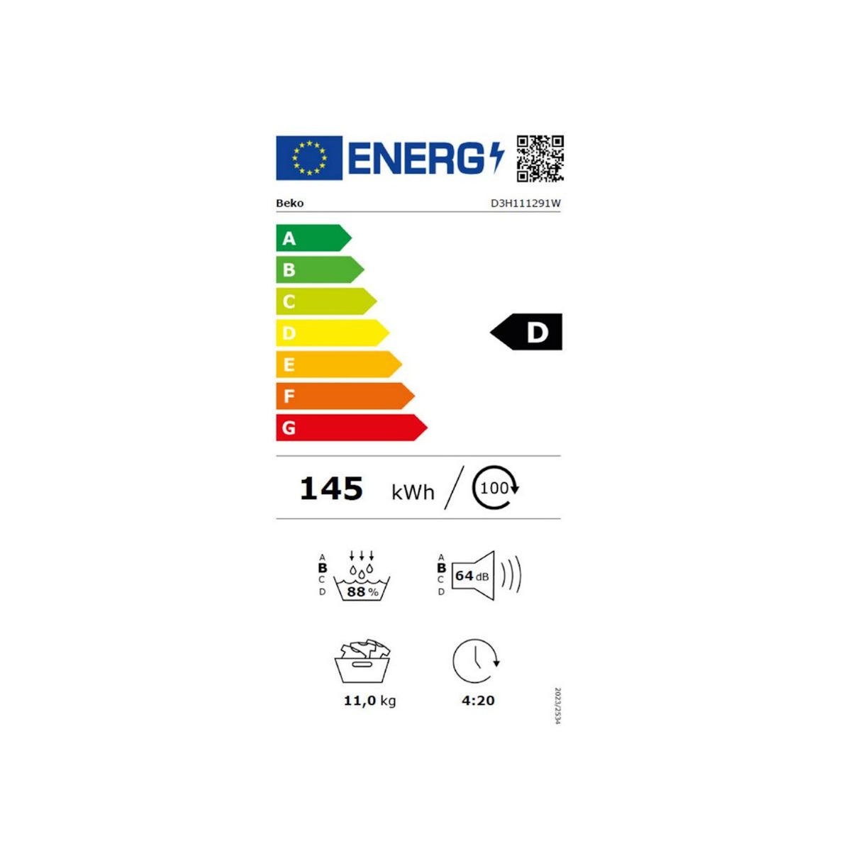 Beko Sèche-linge pompe à chaleur 60cm 11kg blanc - D3H111291W