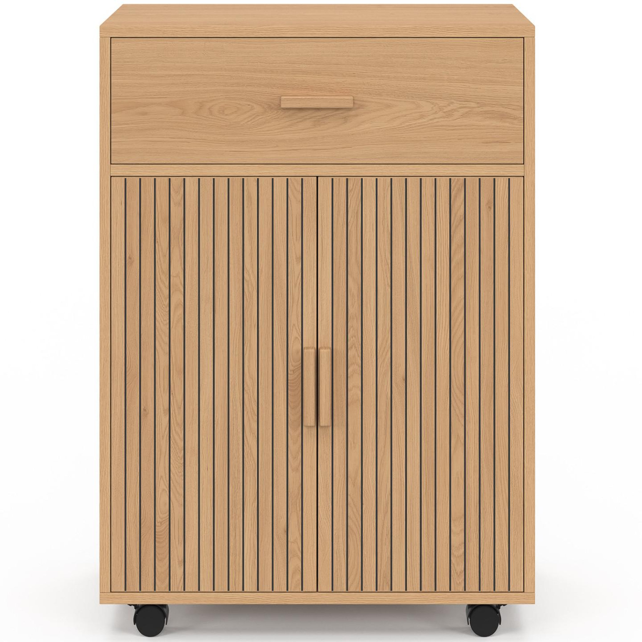 Voir la diapositive 3 : ID MARKET Desserte de cuisine juliette placard avec tiroir effet lattes tasseau bois l.60 cm