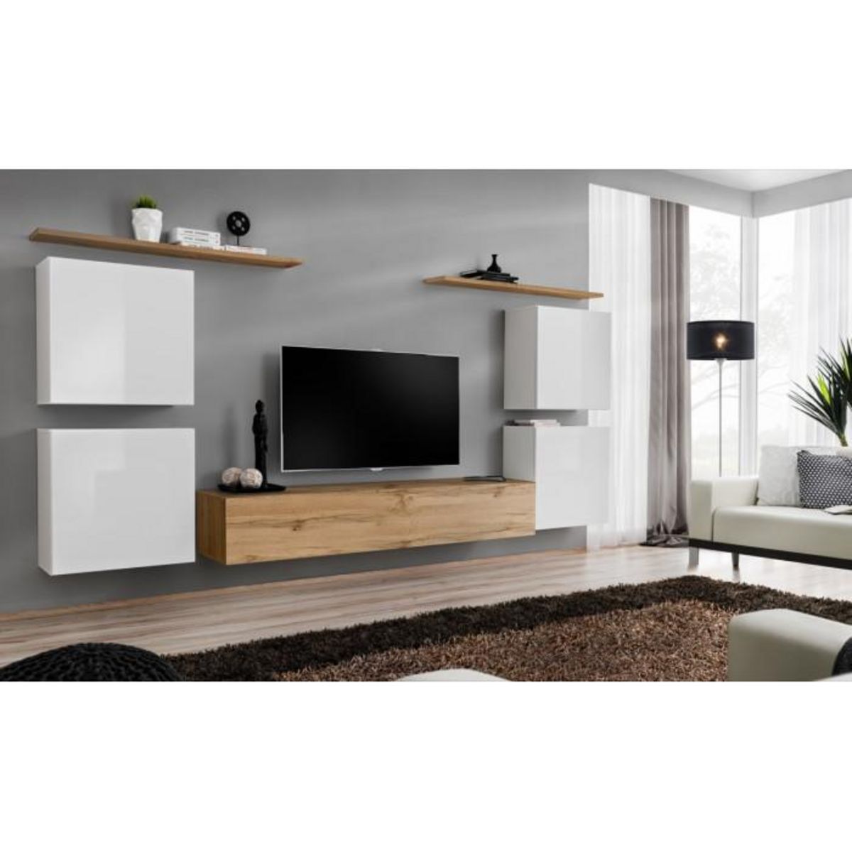 Paris Prix Meuble TV Mural Design  Switch IV  320cm Blanc & Naturel