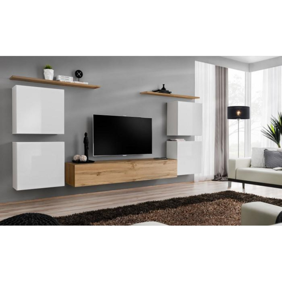 Paris Prix Meuble TV Mural Design  Switch IV  320cm Blanc & Naturel