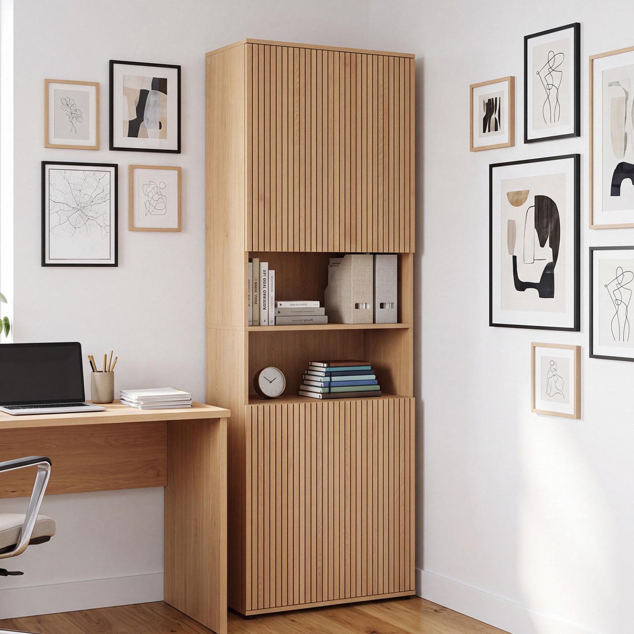 Voir la diapositive 6 : ID MARKET Meuble armoire colonne salle de bain VICTOR 4 portes 2 niches effet lattes