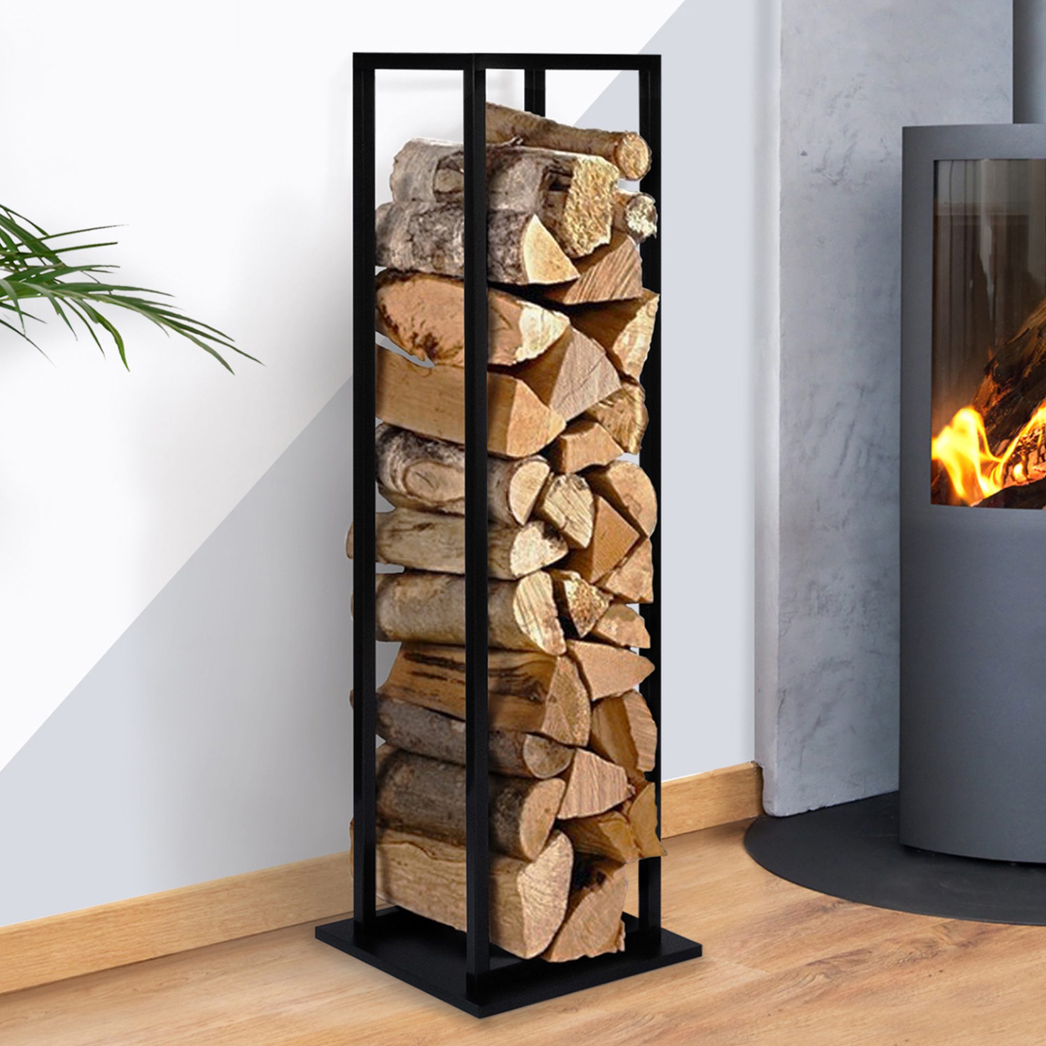 Voir la diapositive 2 : ID MARKET Range bûches vertical acier noir avec étagère h.112 cm pour cheminée