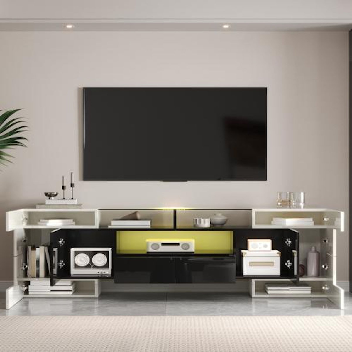 MERAX Meuble tv blanc+noir 200 cm led mdf