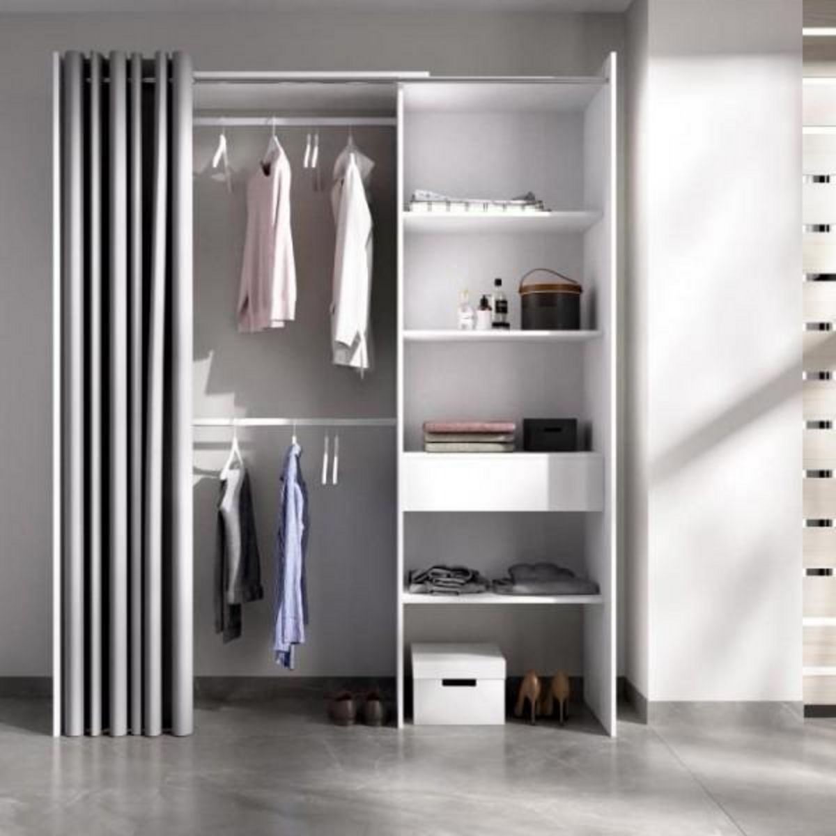 MARKET24 Dressing extensible avec rideau + 1 tiroir - Décor Blanc - L 160-113 x P 50 x H 205 cm - SUIT