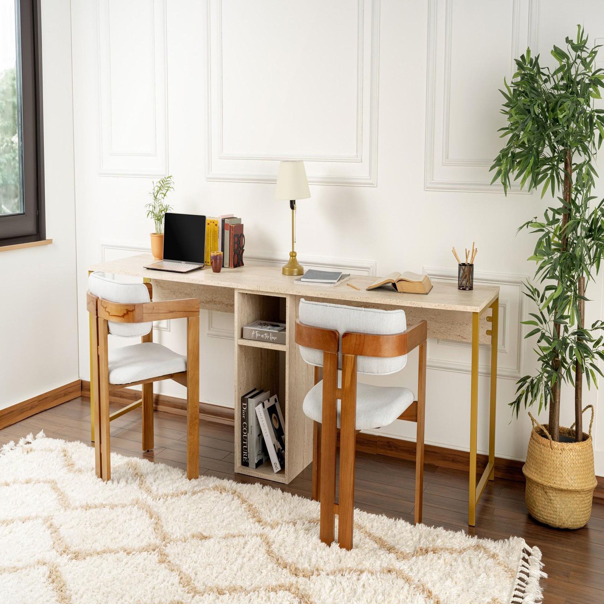 Voir la diapositive 3 : Habitat et Jardin Bureau en bois  twin study desk  - 240 x 60 x 74 cm - travertinor