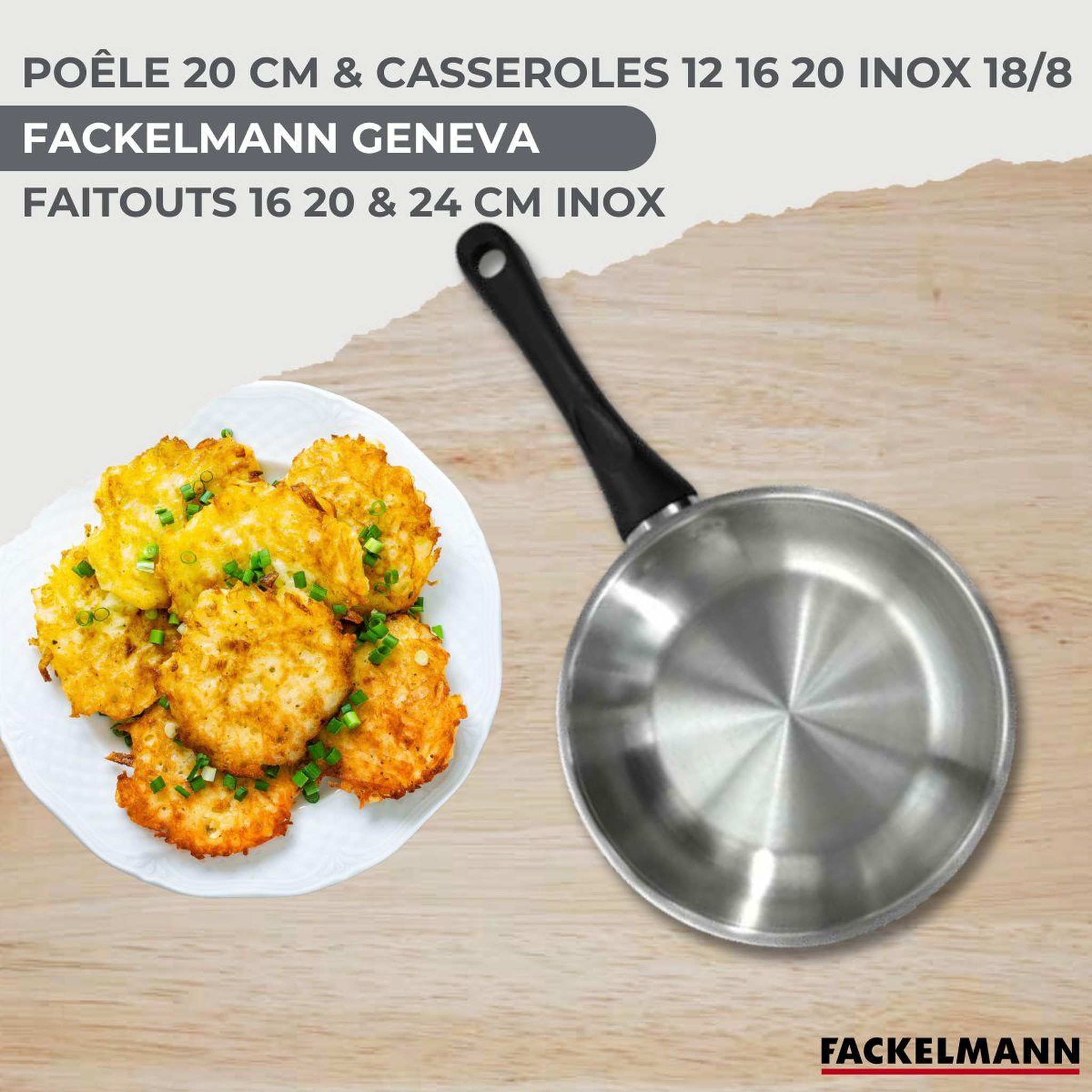 Voir la diapositive 2 : Fackelmann Batterie de cuisine avec 1 poêle 20 cm 3 casseroles 12/16/20 cm et 3 faitouts 16/20/24 cm en inox sans pfas fackelmann généva brillant