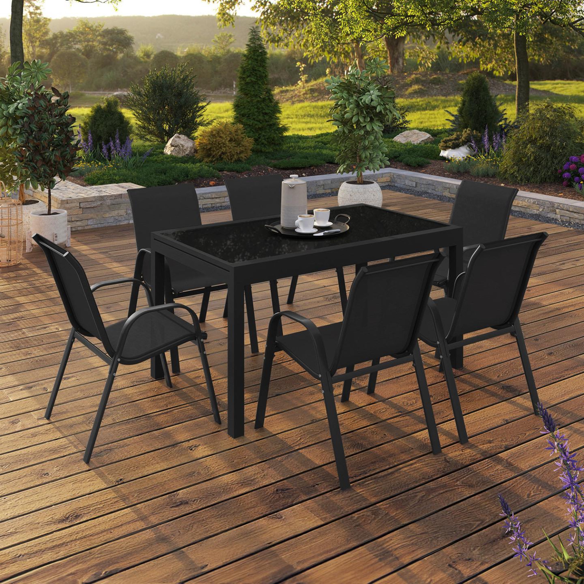 Voir la diapositive 4 : ID MARKET Salon de jardin madrid table extensible 135-270 cm et 12 chaises empilables noir