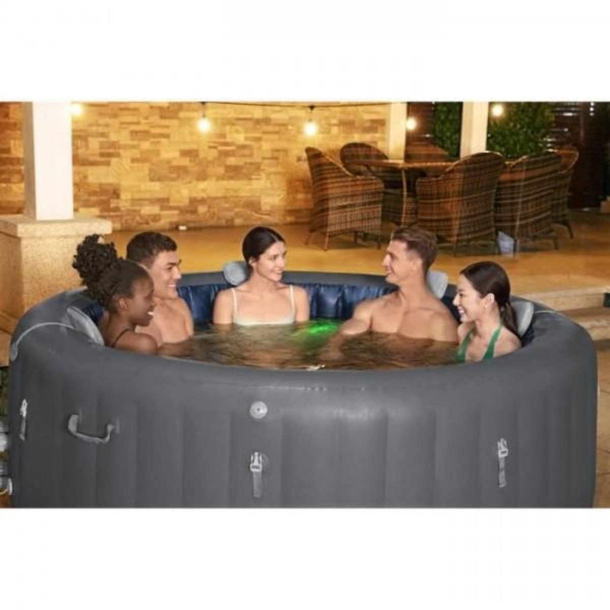 BESTWAY Spa gonflable BESTWAY - Lay-Z-Spa Santorini - 5 a 7 places -Rond (Livré avec 5 appuie-tete rembourrés + 2 LED a eau ColorJet)