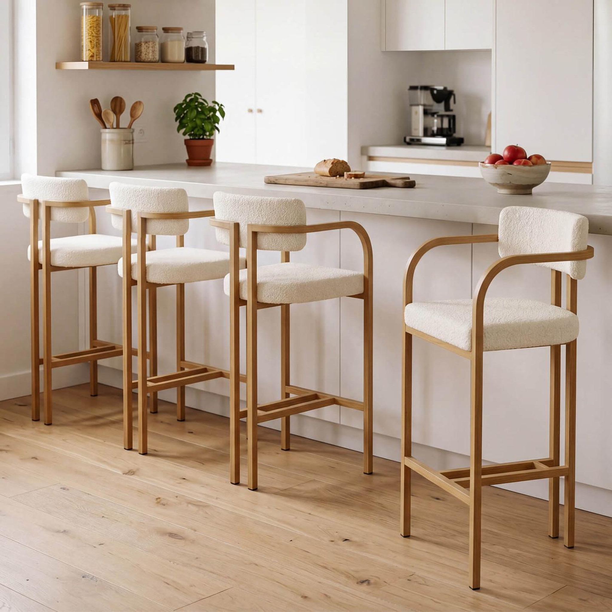 Voir la diapositive 2 : ID MARKET Lot de 4 tabourets de bar ESMA en métal effet bois et tissu bouclette avec accoudoirs