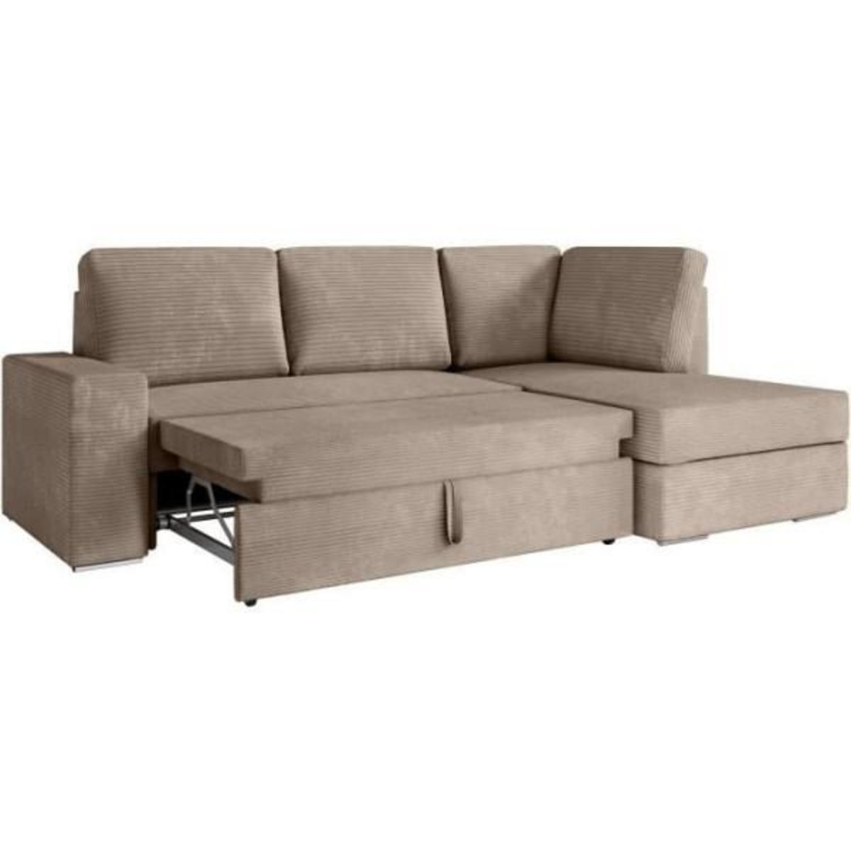 LOUNGITUDE Canapé d'angle droit convertible ARTEMIS 4 places - Velours côtelé greige - L246 x P174 x H96 cm
