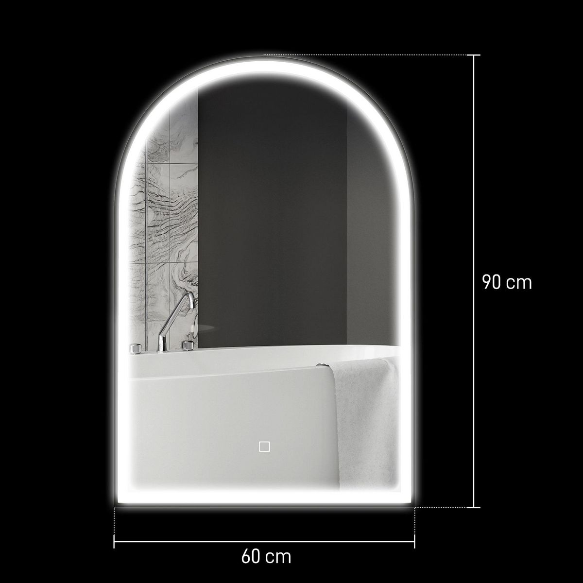 HOMCOM Miroir lumineux LED arqué de salle de bain 90 x 60 cm - tactile, réglable, anti-buée - alu noir