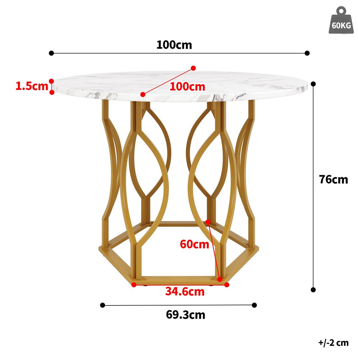 MERAX Table à manger ronde fixe blanc+doré - 100x100-100max.cm mdf et métal
