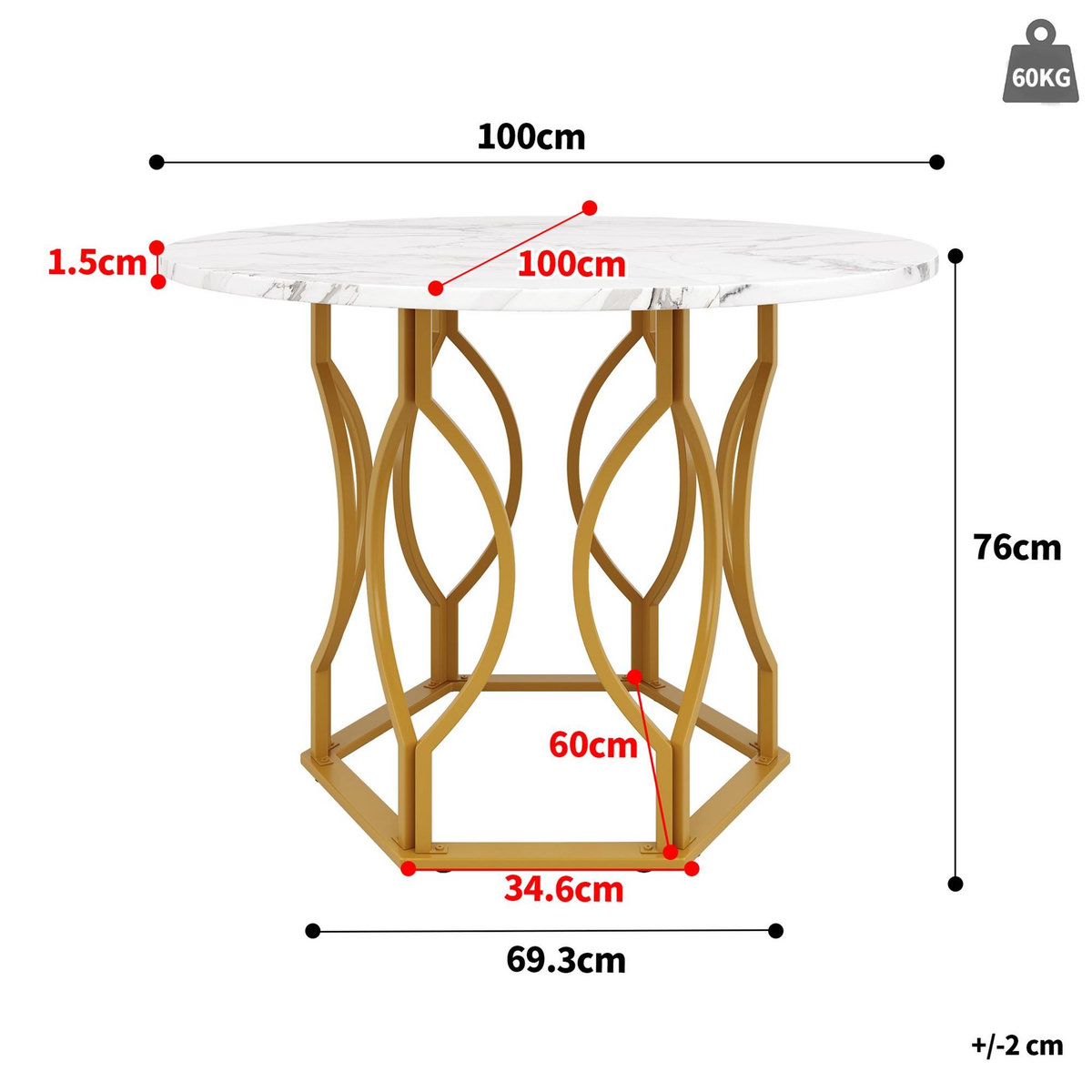 MERAX Table à manger ronde fixe blanc+doré - 100x100-100max.cm mdf et métal