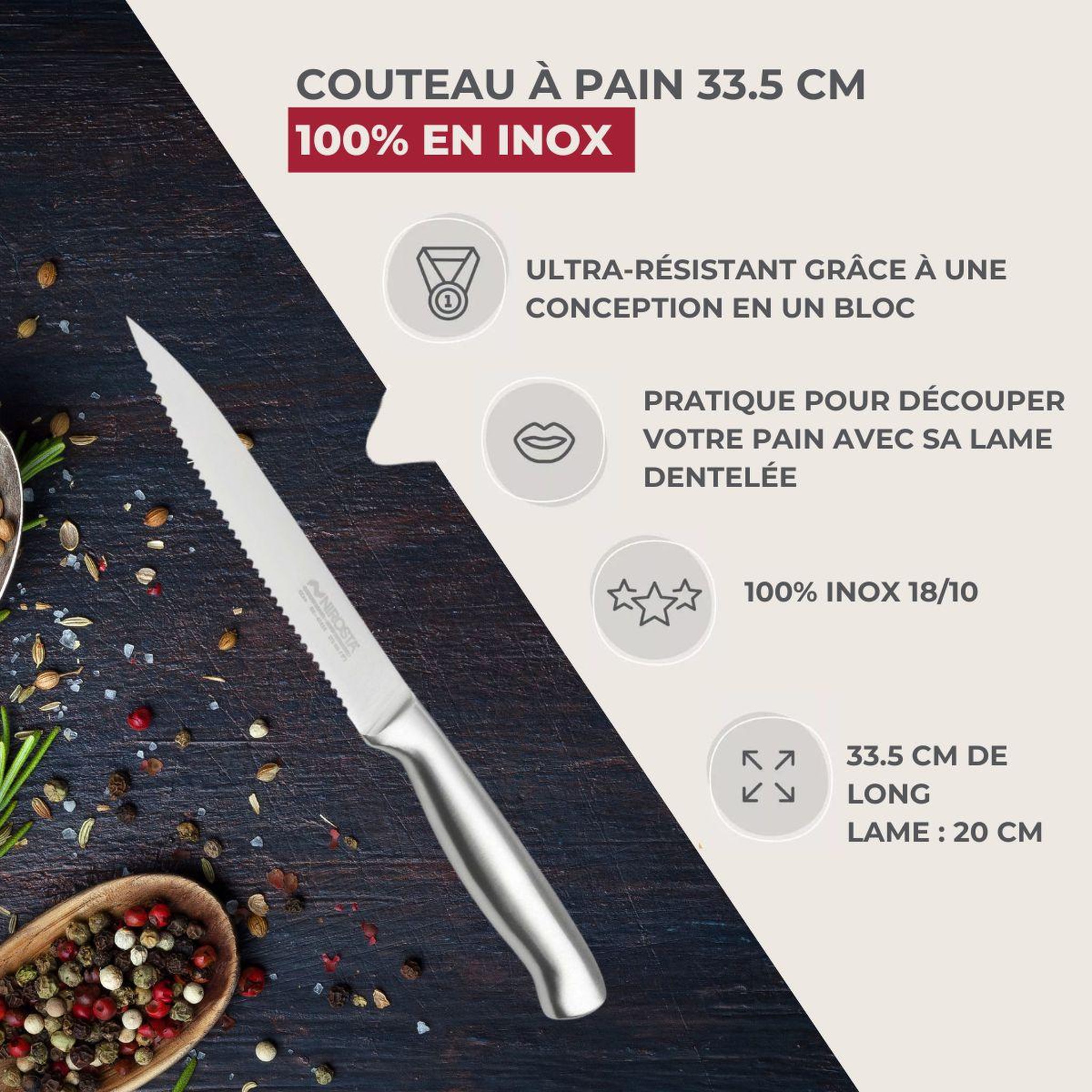 Voir la diapositive 2 : NIROSTA Couteau à pain inox professionnel set de 2, 33,5 x 3 x 2 cm acier inoxydable nirosta star