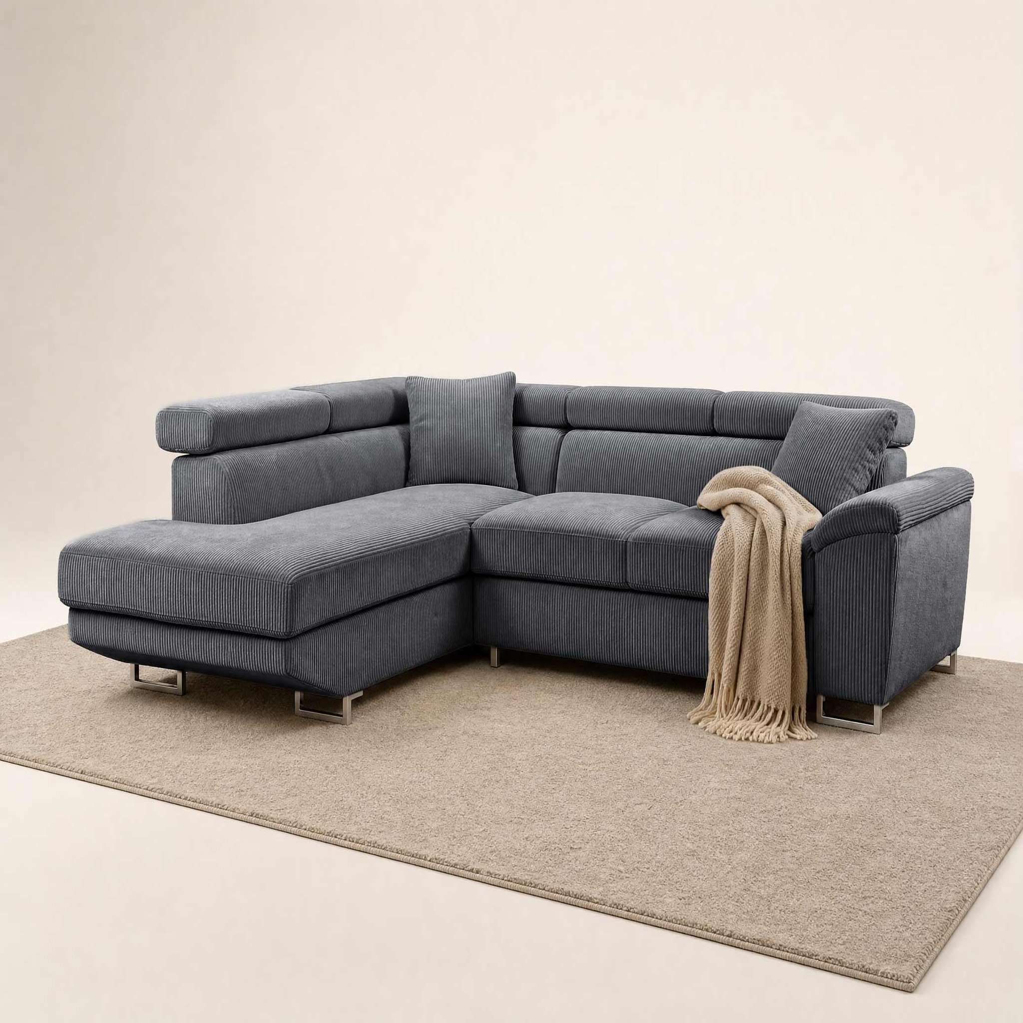 Voir la diapositive 3 : BEST MOBILIER Baoji - canapé d'angle gauche 5 places convertible avec têtières et coffre en velours côtelé